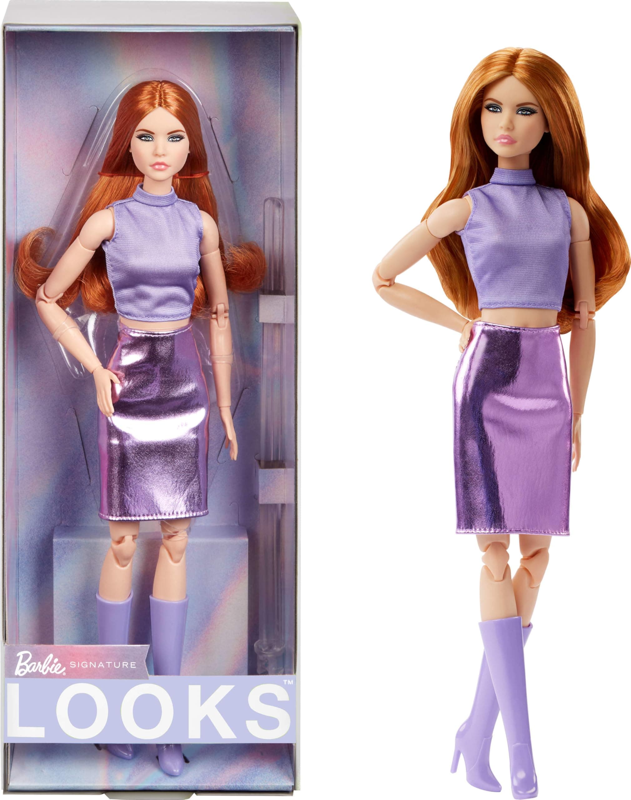 Barbie Looks Doll Collection No. 20, Red Hair, Modern Y2K Fashion, Lavender Top, Faux Leather Skirt, Knee-High Boots