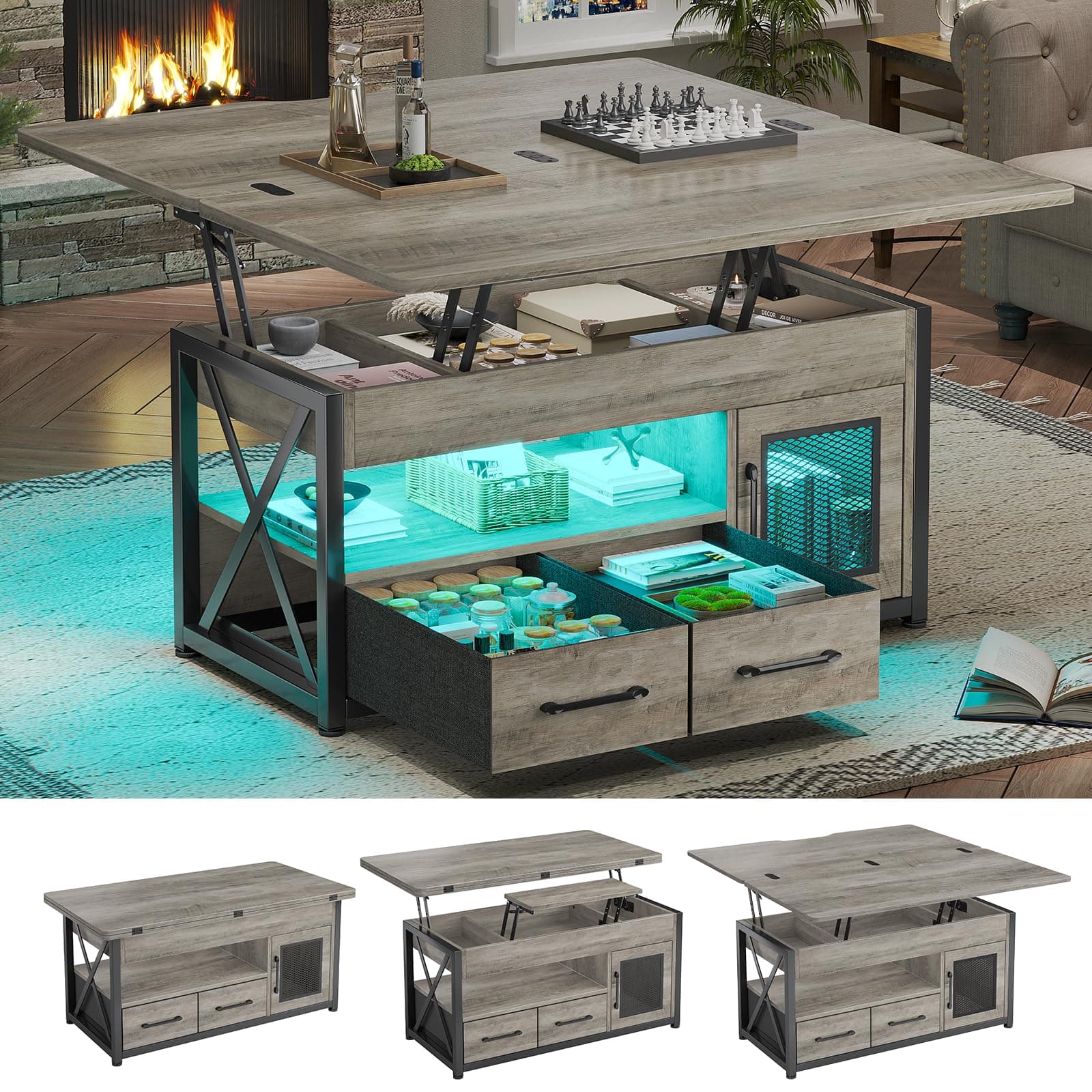 Itaar 40" Lift Top Coffee Table, 4 in 1 Coffee Tables with Storage Cabinet for Living Room, Small Farmhouse Coffee Table with 2 Fabric Drawers & LED Light for Dining Room, Grey