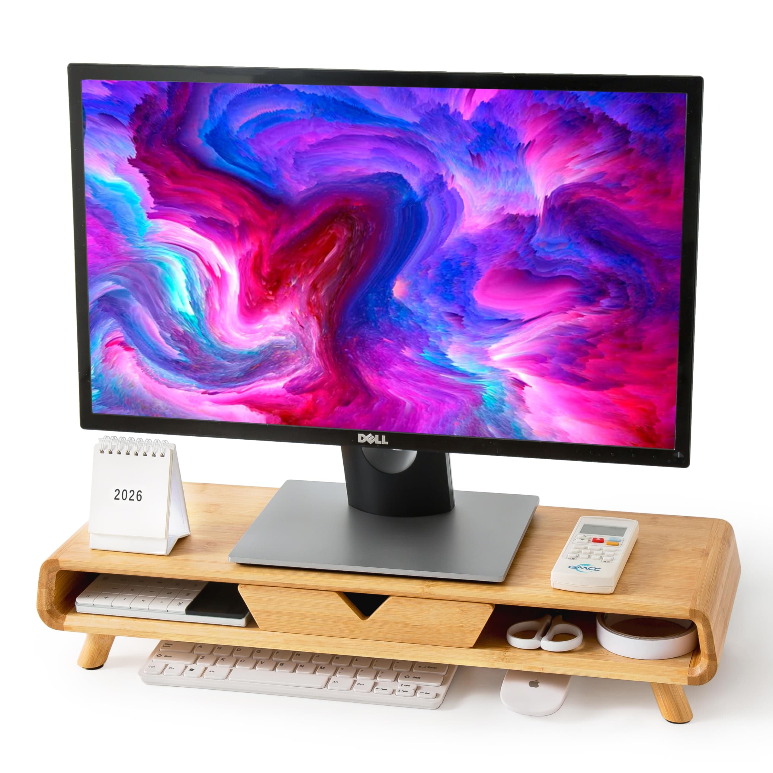 Homerays Bamboo Monitor Stand Riser, No Assembly Required Exquisite Monitor Stand with Drawer Ergonomic Height Wood Monitor Stand