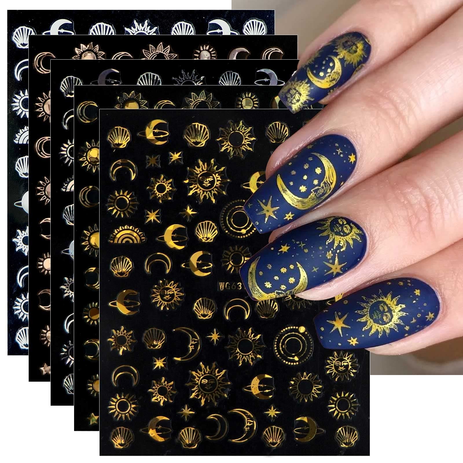 JMEOWIO 10 Sheets Moon Star Sun Nail Art Stickers Decals Self-Adhesive Pegatinas Uñas Colorful Rose Gold Nail Supplies Nail Art Design Decoration Accessories