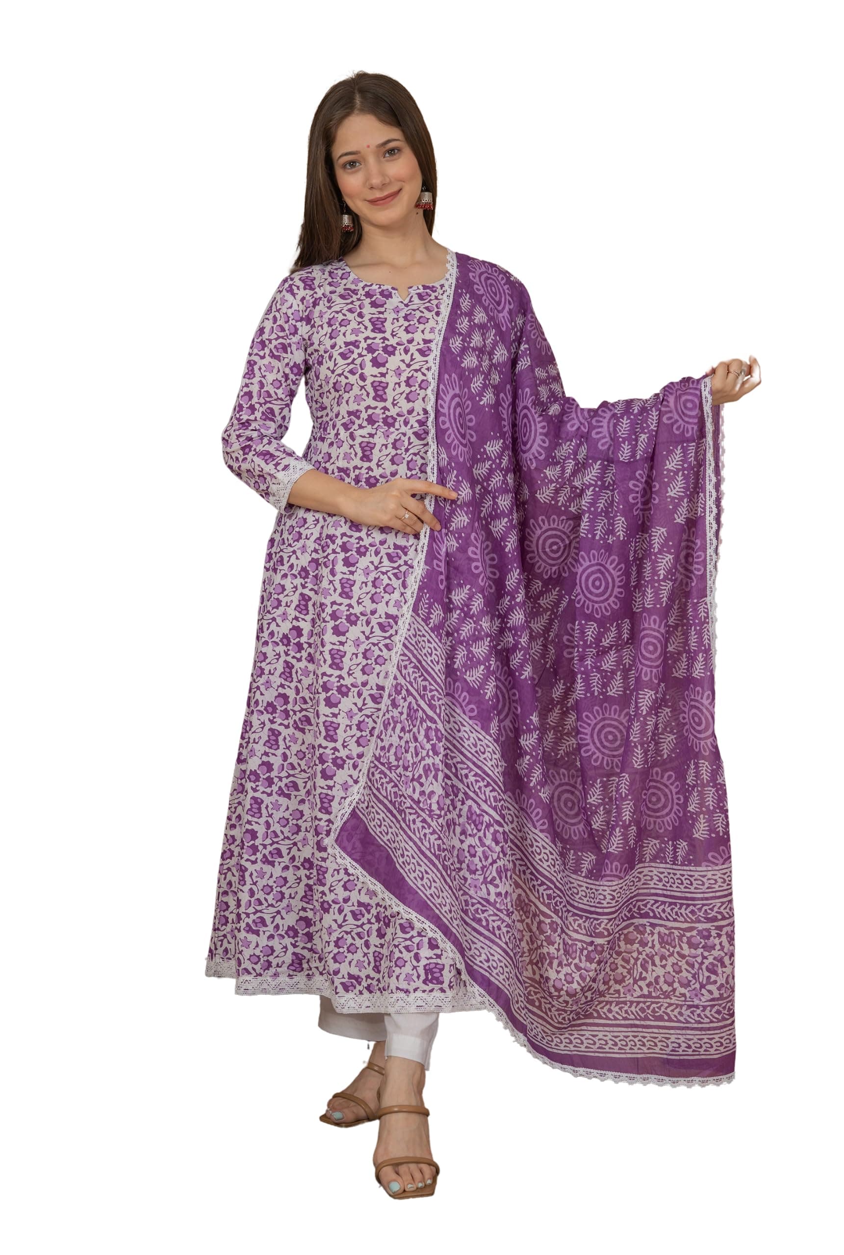 Women's Cotton Printed Blue Anarkali Kurta With Palazzo & Dupatta