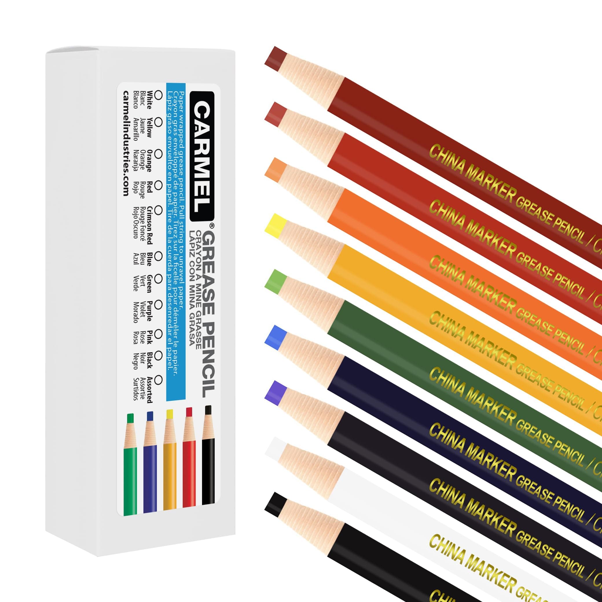 Carmel Grease Pencil, Box of 12 (Assorted Colors), Pull String Grease Pencil, Paper Wrapped Wax Pencil for Marking Smooth Surfaces Including Plastic, Metal, Ceramics & Polished Stone