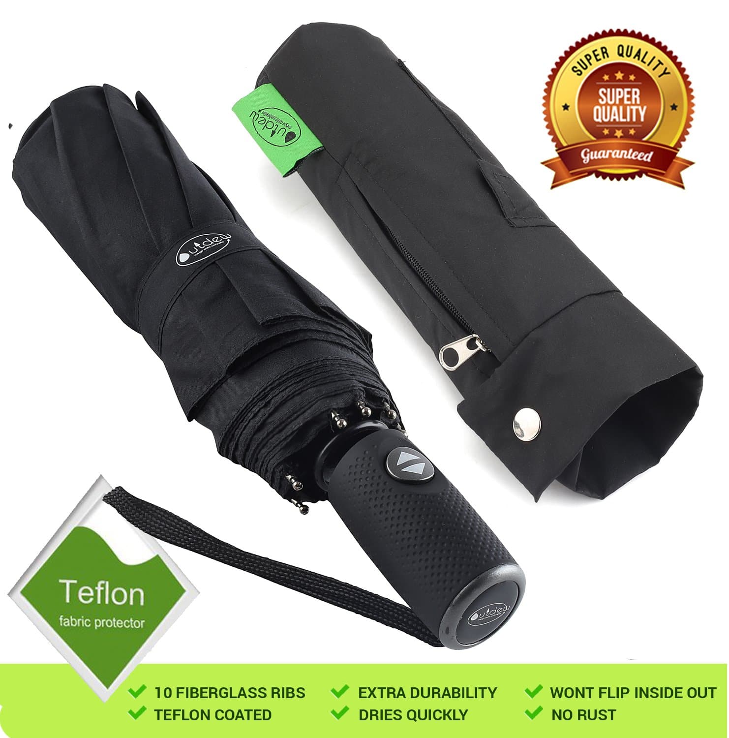 "Unbreakable Windproof Compact Travel Black 210T Fabric Umbrella with Teflon Coating Lightweight for Men Women and Kids Auto Open Close with 10 Fiberglass Ribs