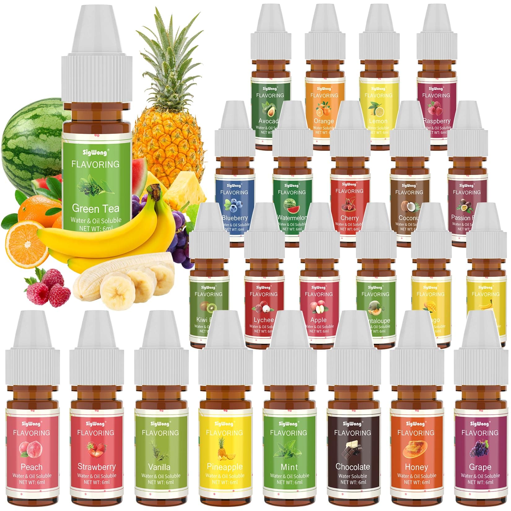 Food Flavoring Oil, 24 Liquid Lip Gloss Flavoring Oil - Concentrated Candy Flavors for Lip Balm, Baking, Cooking, Soap and Slime Making - Water & Oil Soluble - .25 Fl Oz (6 ml) Bottles