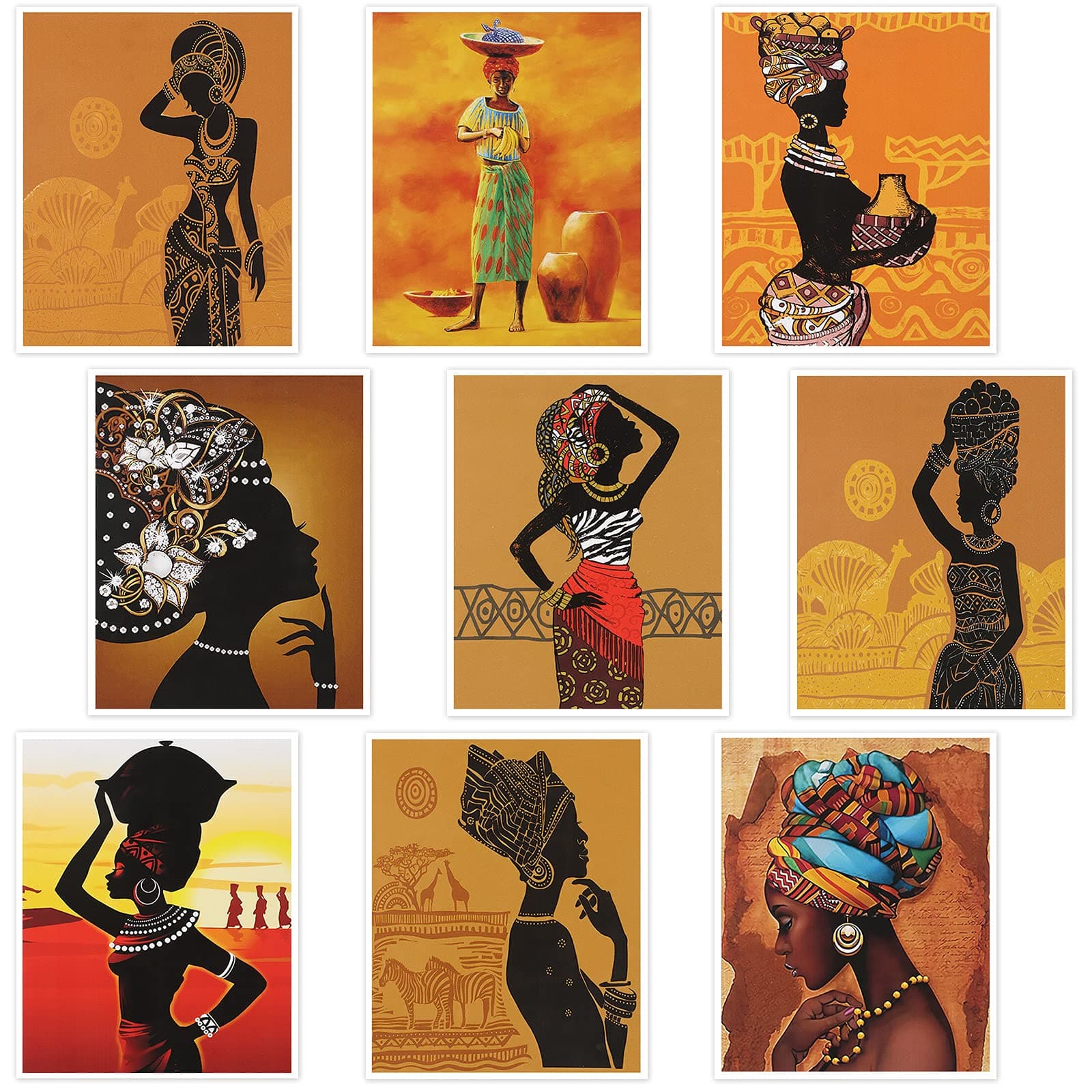 Tenare 9 Pieces African American Wall Art Painting Retro Style Black Woman Ethnic Ancient Theme Diamond Girl Room Poster Black Art Painting Bedroom Bathroom Decor Unframed, 8 x 10 Inch