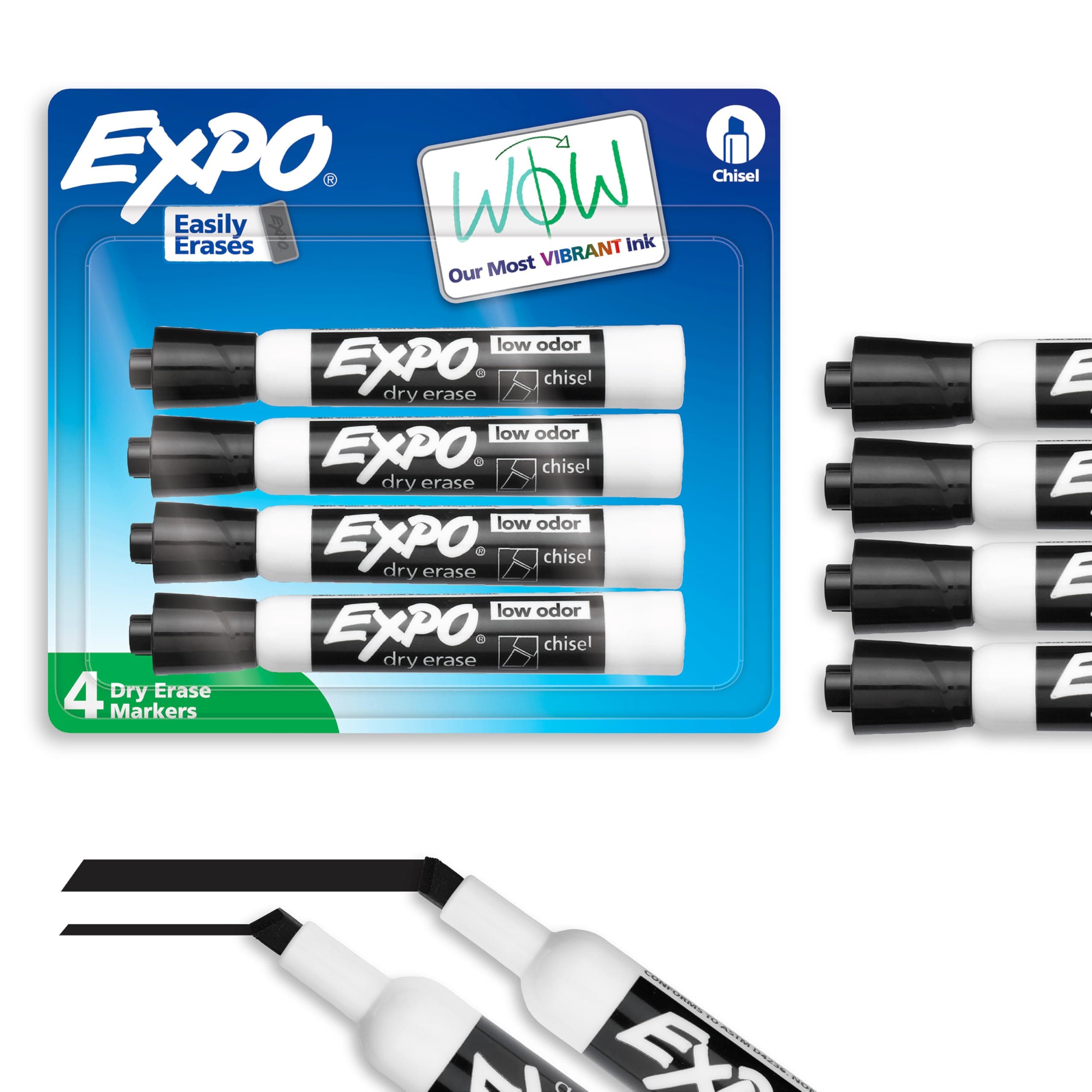 Low Odor Dry Erase Markers, Chisel Tip, Black, 4 Count