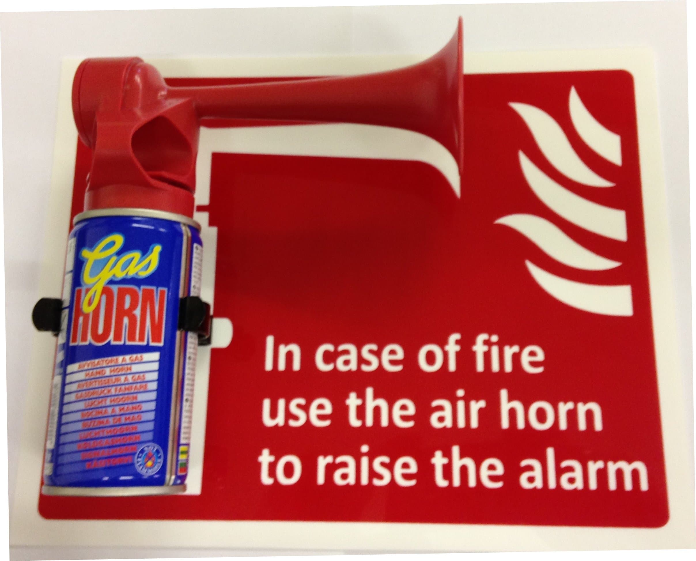 IN CASE OF FIRE USE THE AIR HORN SIGN & AIR HORN & BRACKET FIRE SAFETY DIY