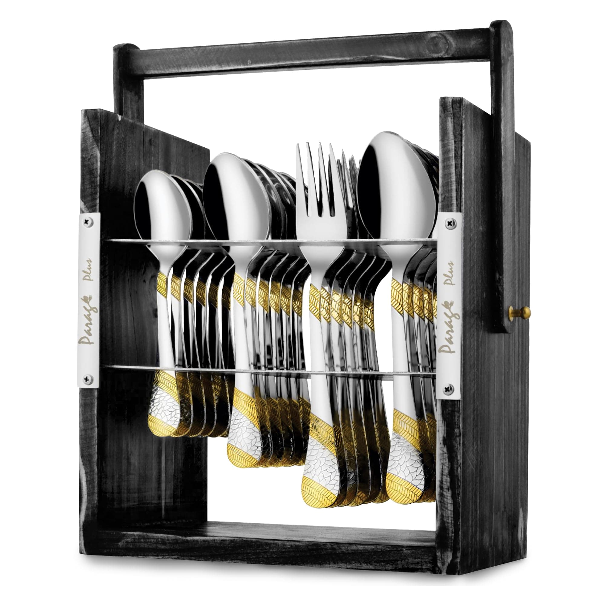 Parage 25 Pieces Stainless Steel Imperial Cutlery Set with Wooden Hanging Stand for Dining Table (Contains: 6 Tea Spoons, 6 Table Spoons, 6 Table Forks, 6 Dinner Spoon), 24k Golden Plated Spoon Set
