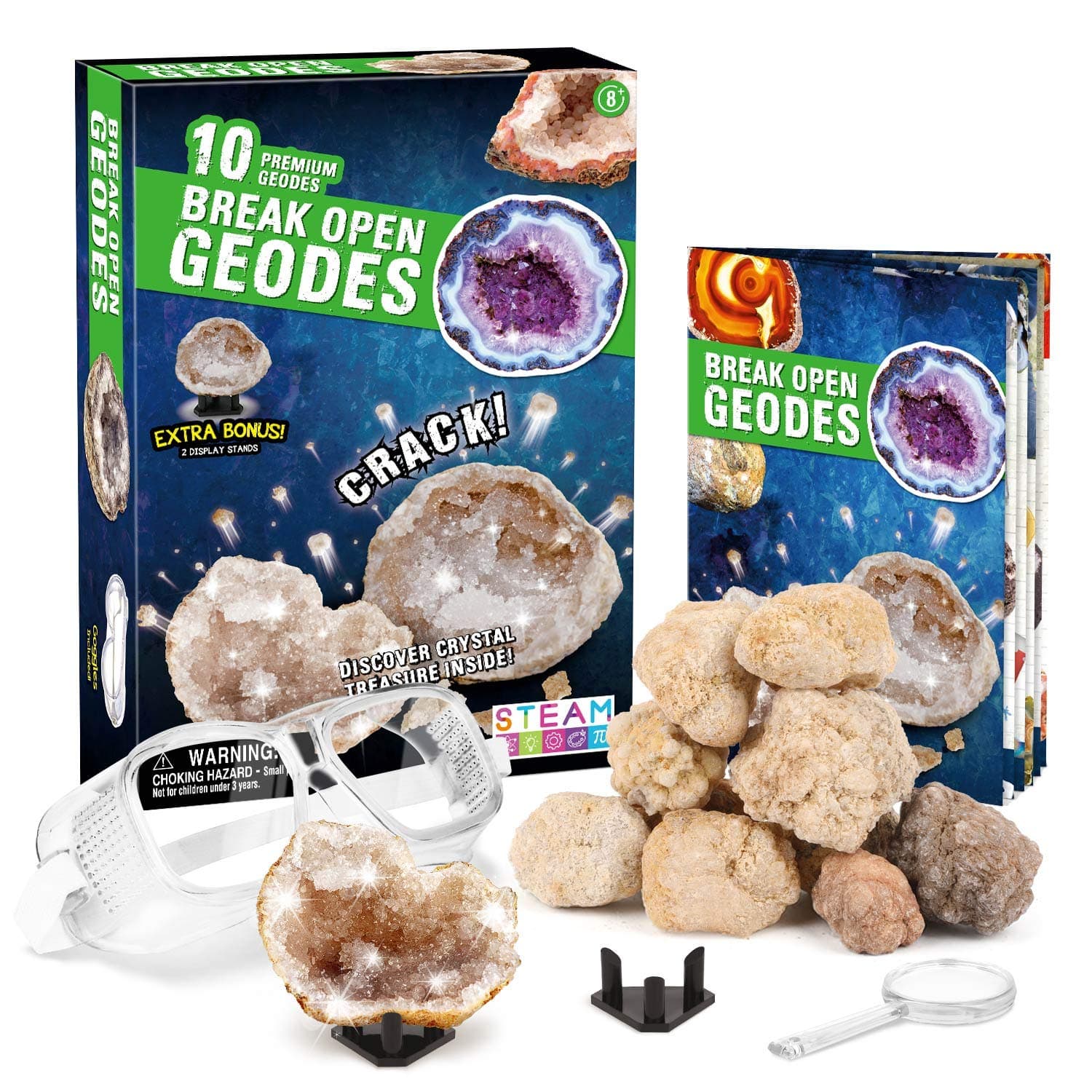 Geoden Break Up Set Children with 10 Large Geode Stones Experiment Boxes for Children 5 6 7 Science Toy Gifts for Boys Girls 8 9 10 11 12 Years