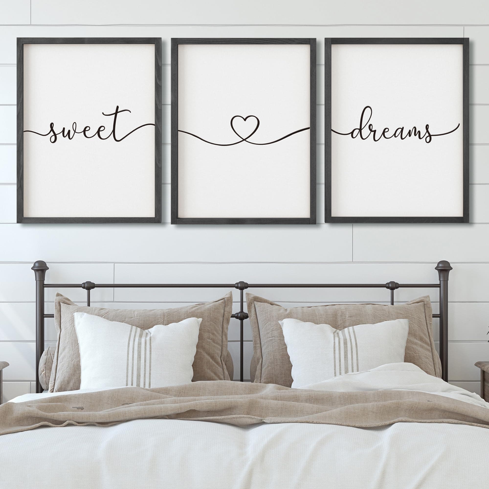 Set of 3 Framed Farmhouse Sweet Dreams Sign 11x14” Above Bed Wall Decor for Bedroom Decor Wall Art Wood Signs (11"x14", Black)