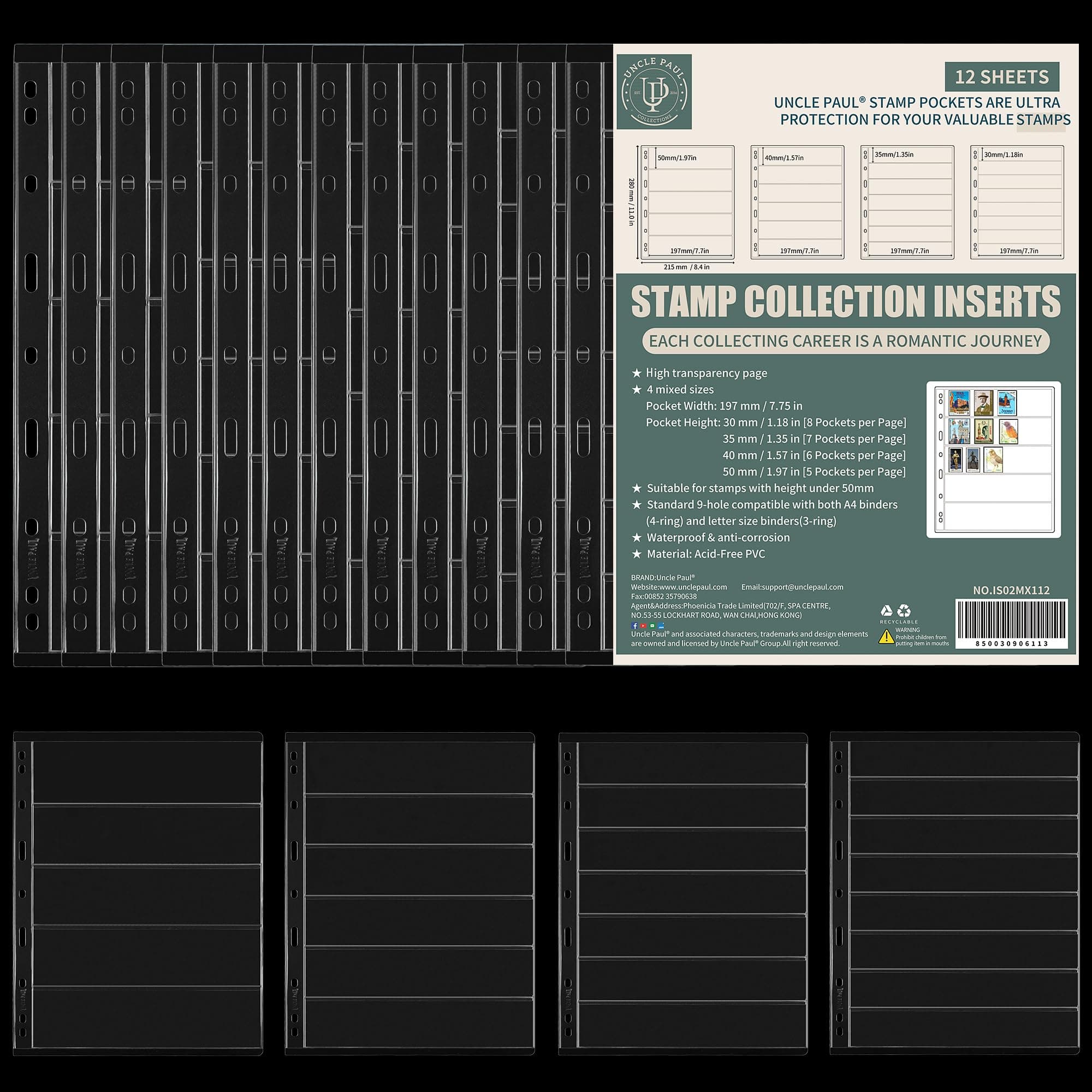 Postage Stamp Pages - 12 Sheets Clear Single-Sided Stamp Sleeves Inserts 5/6/7/8 Rows for Stamp Collection Binder IS02MX112