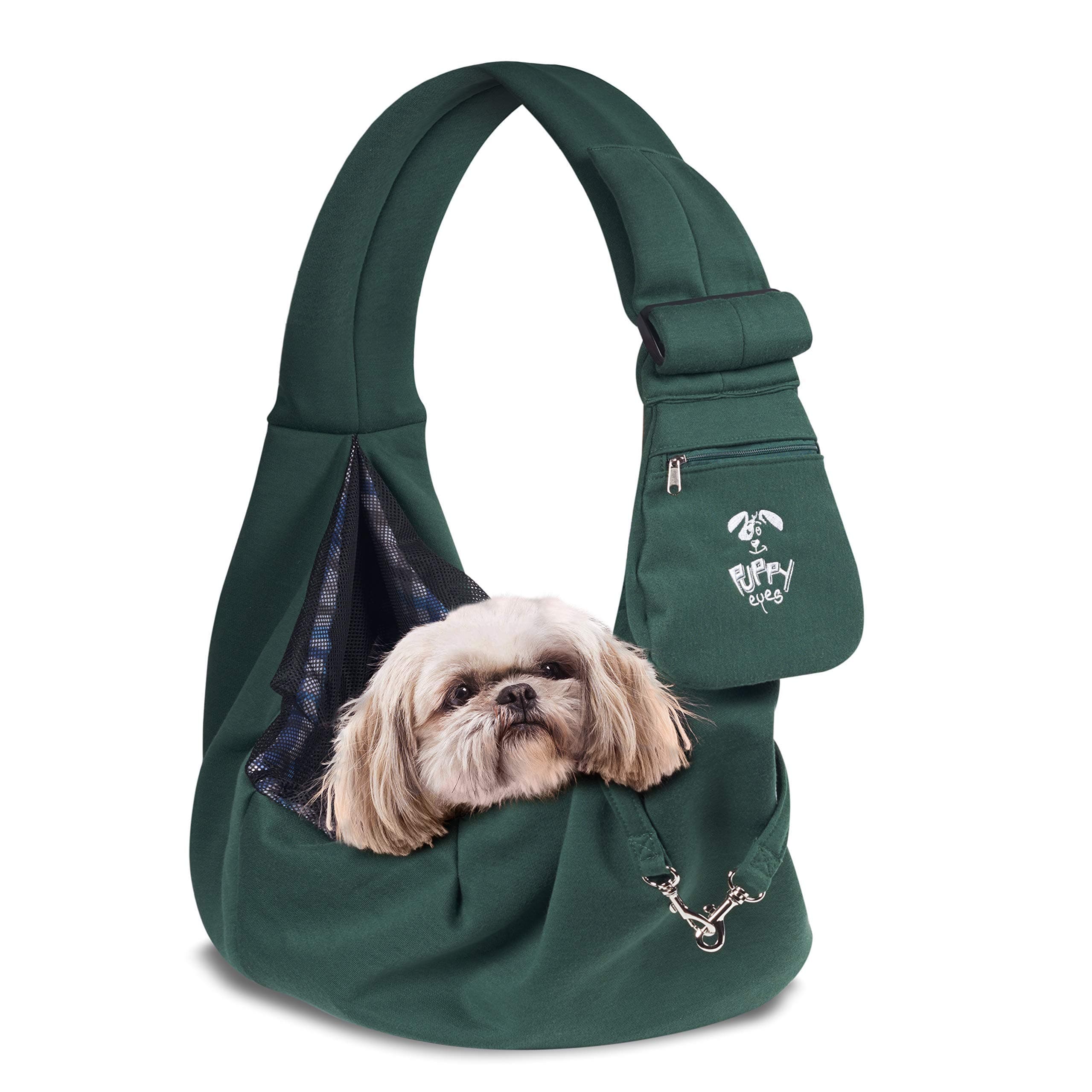 Puppy Eyes Soft Pet Carrier Sling Comfortable and Adjustable Dog Sling Ideal for Small & Medium Dogs up to 16 Pounds - Lightweight & Easy-Care Dog Carrier with Safety Mesh and Safety Leash(Green)