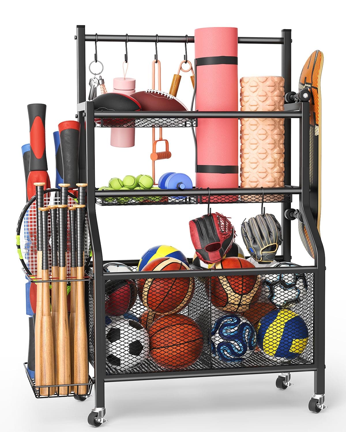Garage Sports Equipment Organizer - Ball Storage Rack 2024 Upgraded Heavy Duty Steel Ball Storage Garage Sports Organizer for Garage