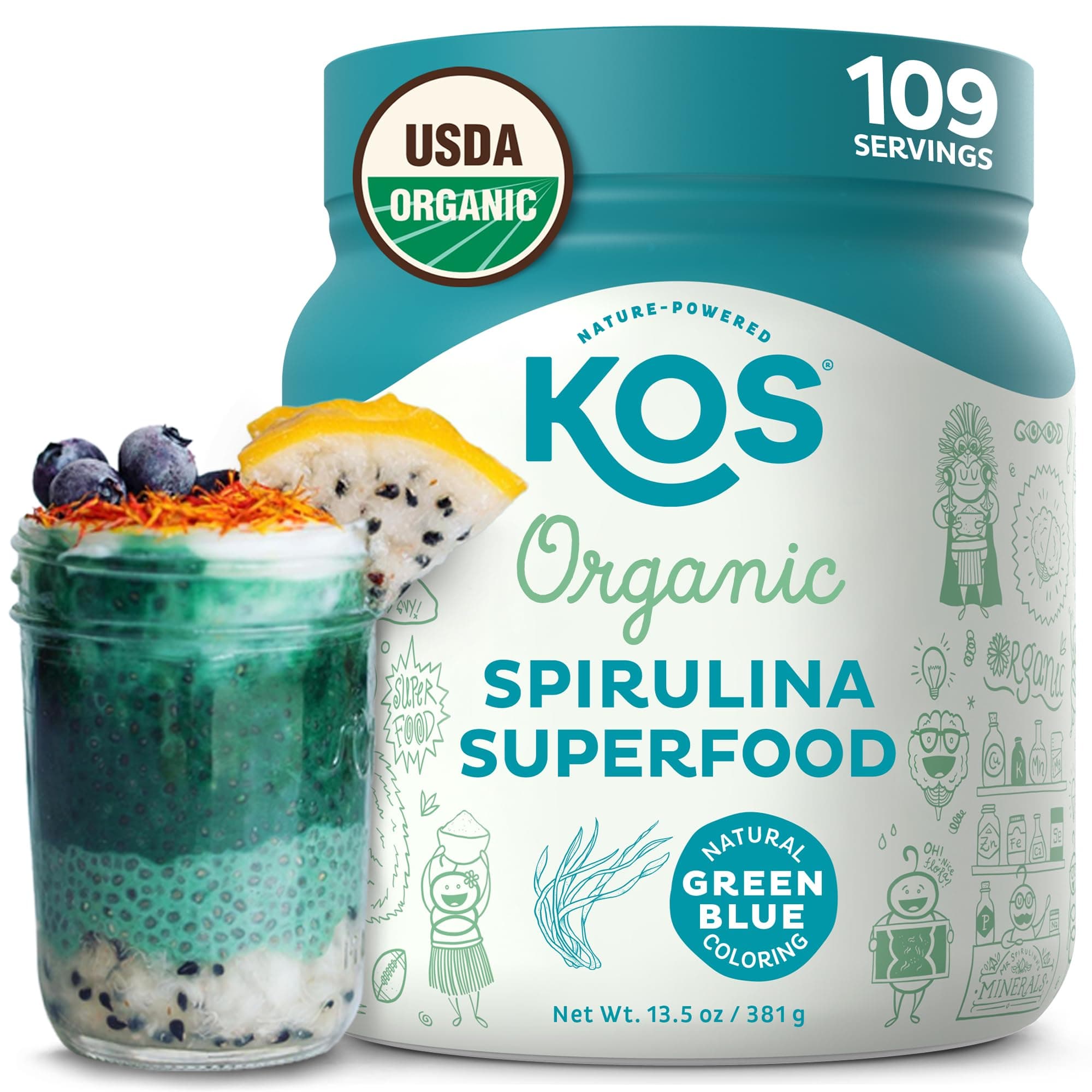 KOS Organic Spirulina Powder - USDA Certified Organic, 109 Servings of Superfood Powder for Smoothies & Juices, Non-Irradiated Blue Green Algae, Plant Based with Antioxidants, Vegan (13.5oz)