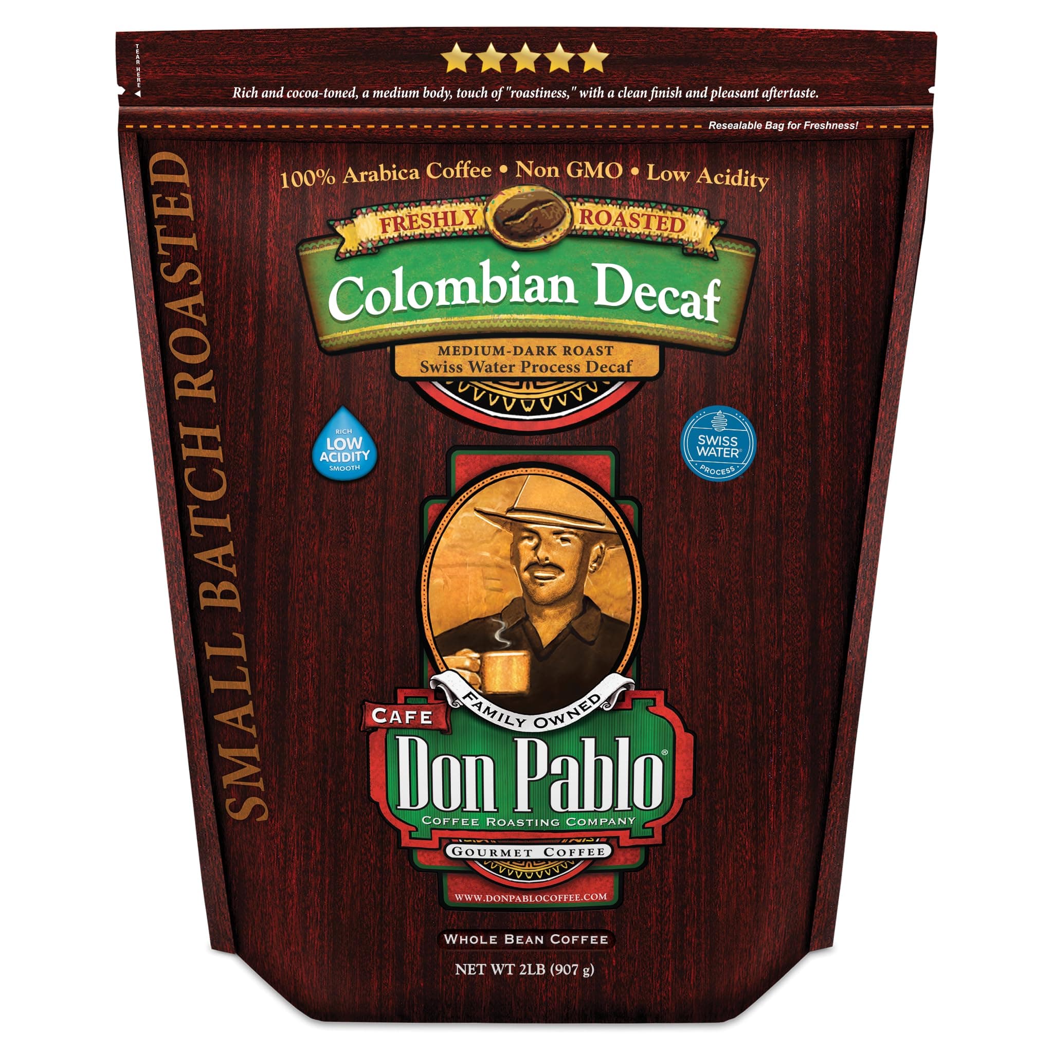 Don Pablo Colombian Decaf - Swiss Water Process Decaffeinated - Medium-Dark Roast Gourmet Coffee - 100% Arabica Whole Bean, Non-GMO, Low Acidity, 907g (2LB) Bag