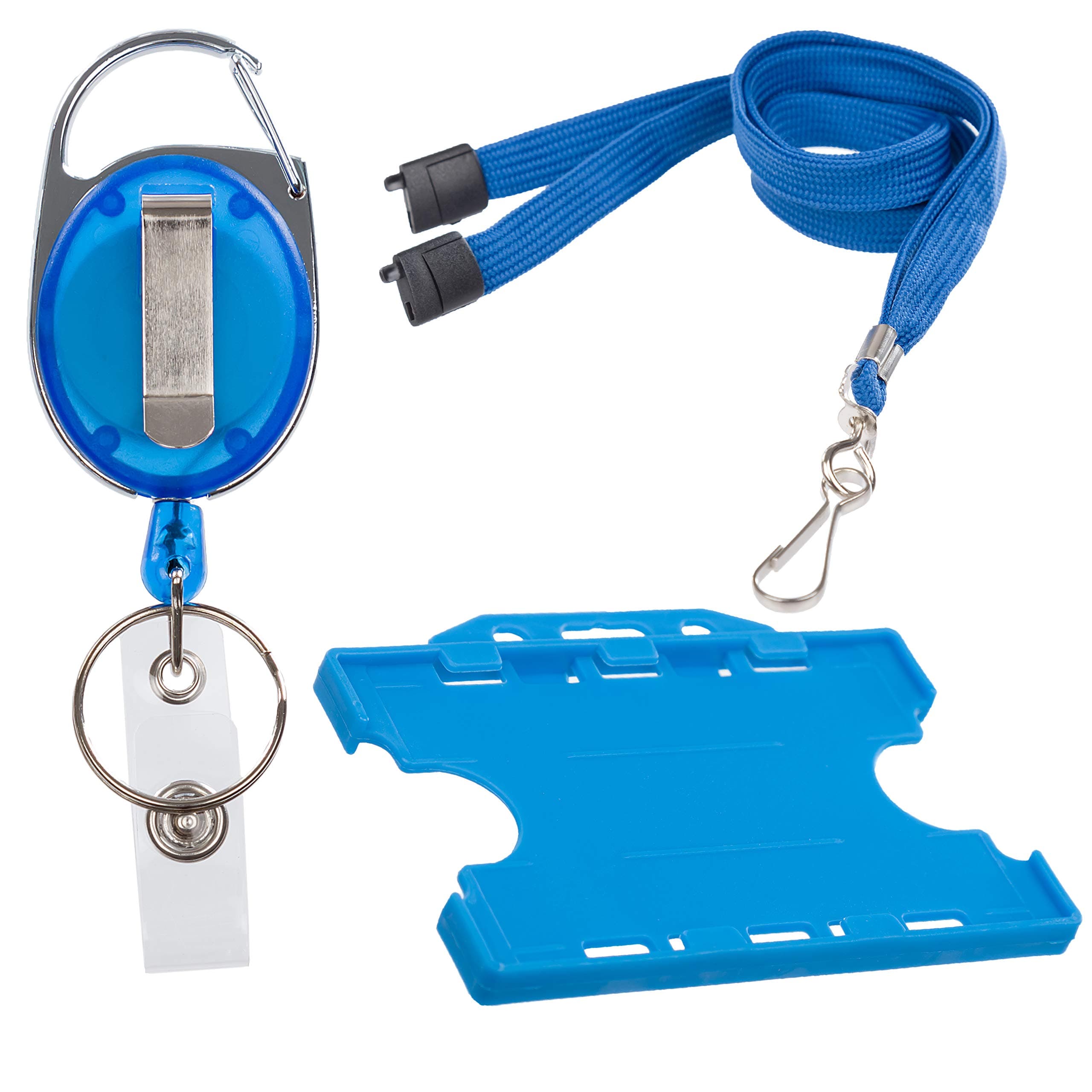 3 Piece Set ID Card Badge Holder, Breakaway Safety Lanyard and Retractable Reel with Metal Belt Clip (Blue)