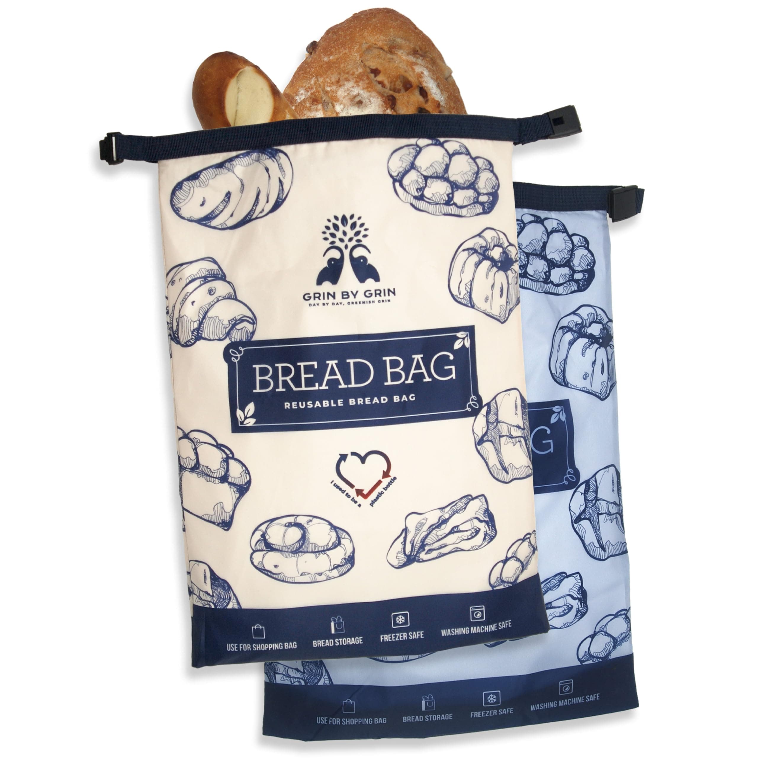 GRIN BY GRIN- Bread Bags 2 Pack Reusable Zipper Bags for Homemade Bread Sourdough Extra Large Freezer Storage