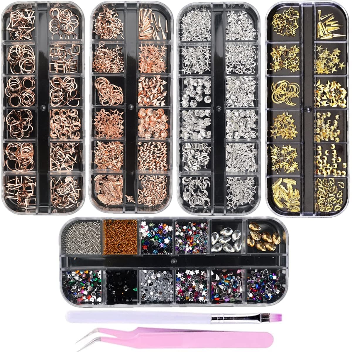 editTime 5 Boxes Gold & Silver Metal Nail 3D Punk Studs Star Moon Heart Triangle Square Rivet Gems Nail Art Jewels with a Curved Tweezers and a Nail Brush (gold & rose gold & silver)