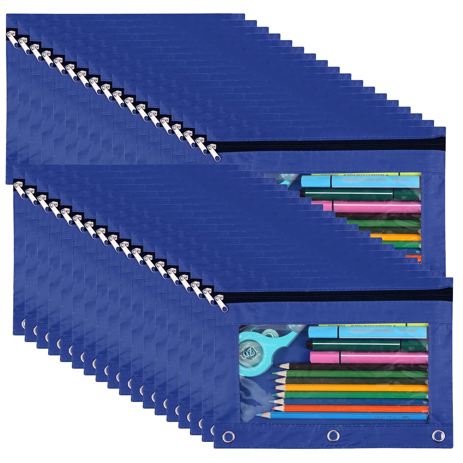 LaOficina50 Packs Wholesale 3 Ring Binder Pouches, Zippered Binder Pencil Pouch with Clear Window, Clear Pen Case Bulk Suitable for School and Office(Blue)