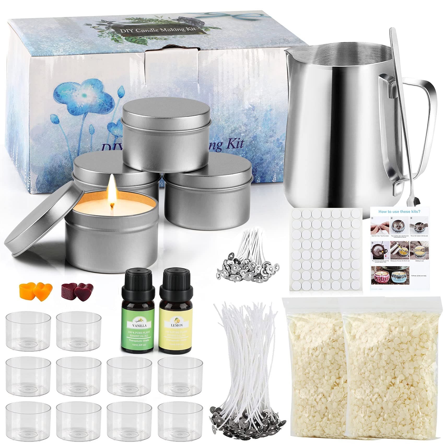 Tobeape® DIY Candle Making Kit Supplies, Arts & Craft Tools Including Pouring Pot, 45 Pcs Cotton Wicks, Candle Wicks Holder, Beeswax, Spoon & Candles tins