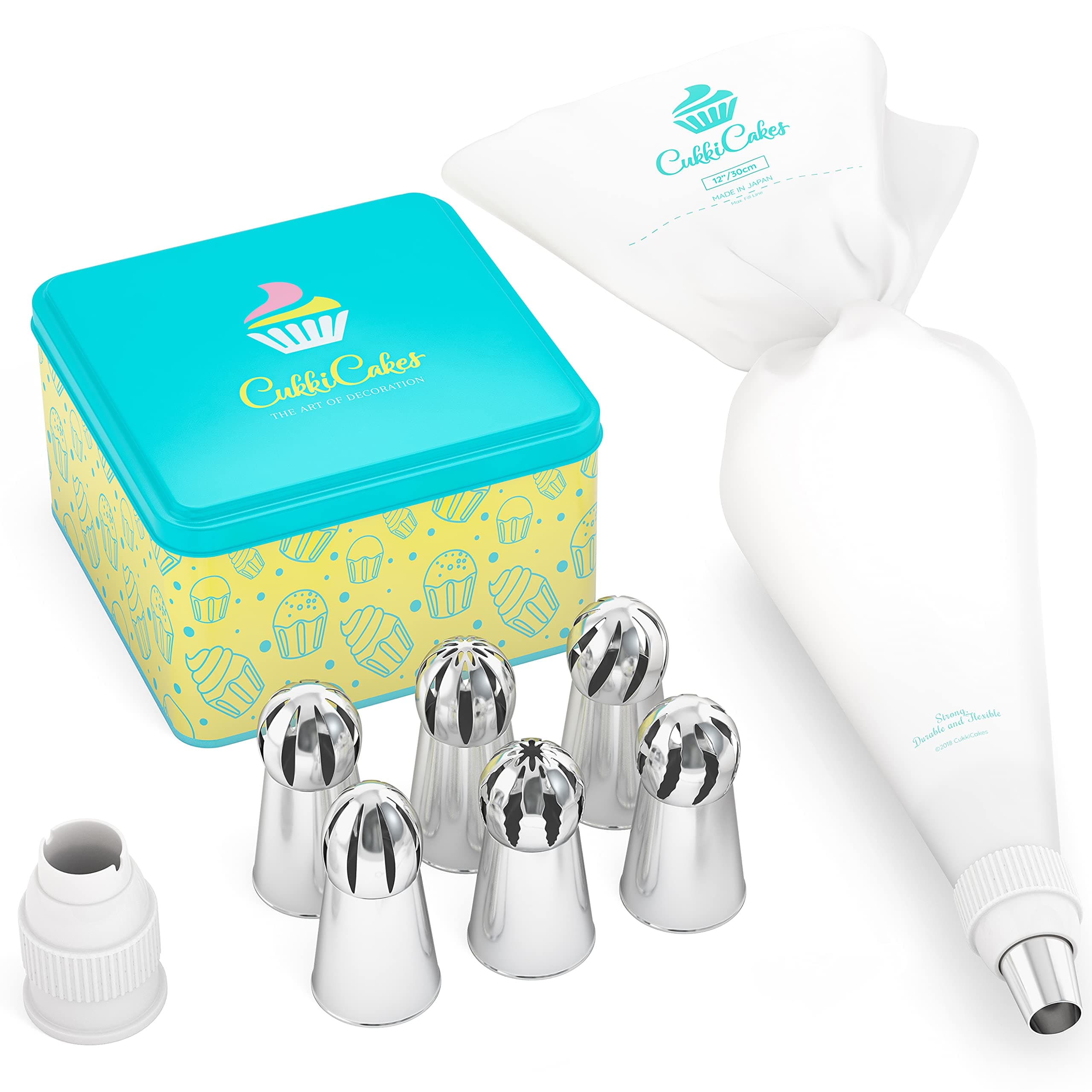 CukkiCakes Reusable Piping Bag with 6 Large Russian Nozzles Set (8 Pieces) - Professional, BPA Free, Dishwasher Safe - Ideal for Cake & Cupcake Decorating