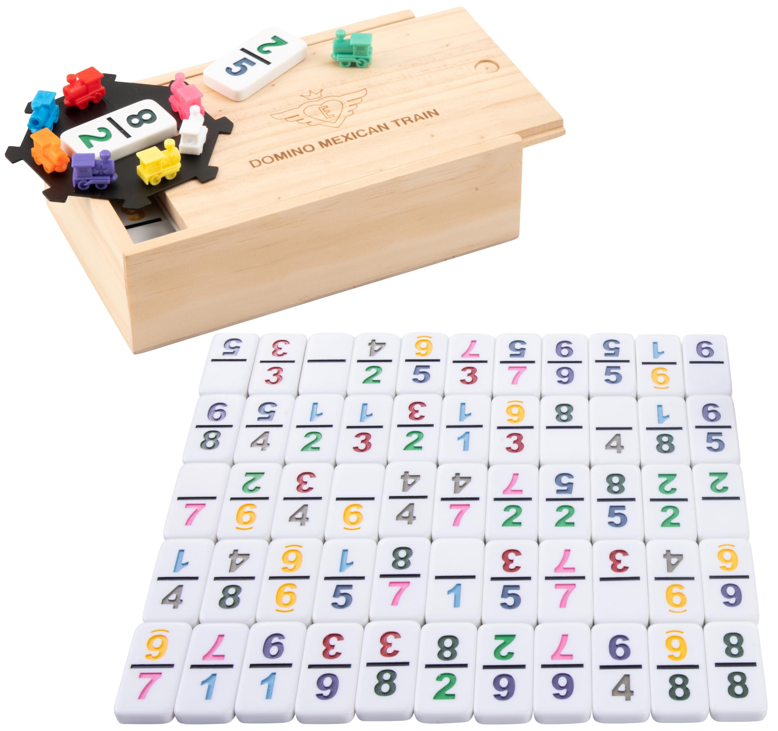Engelhart - 250126 - Mexican Train Dominoes - Numbers - Set D9, Small Premium Model - Family Board Game - Numbers - 55 Dominos 7.5 mm + 8 Trains - 2 to 4 Players - 3+ Years
