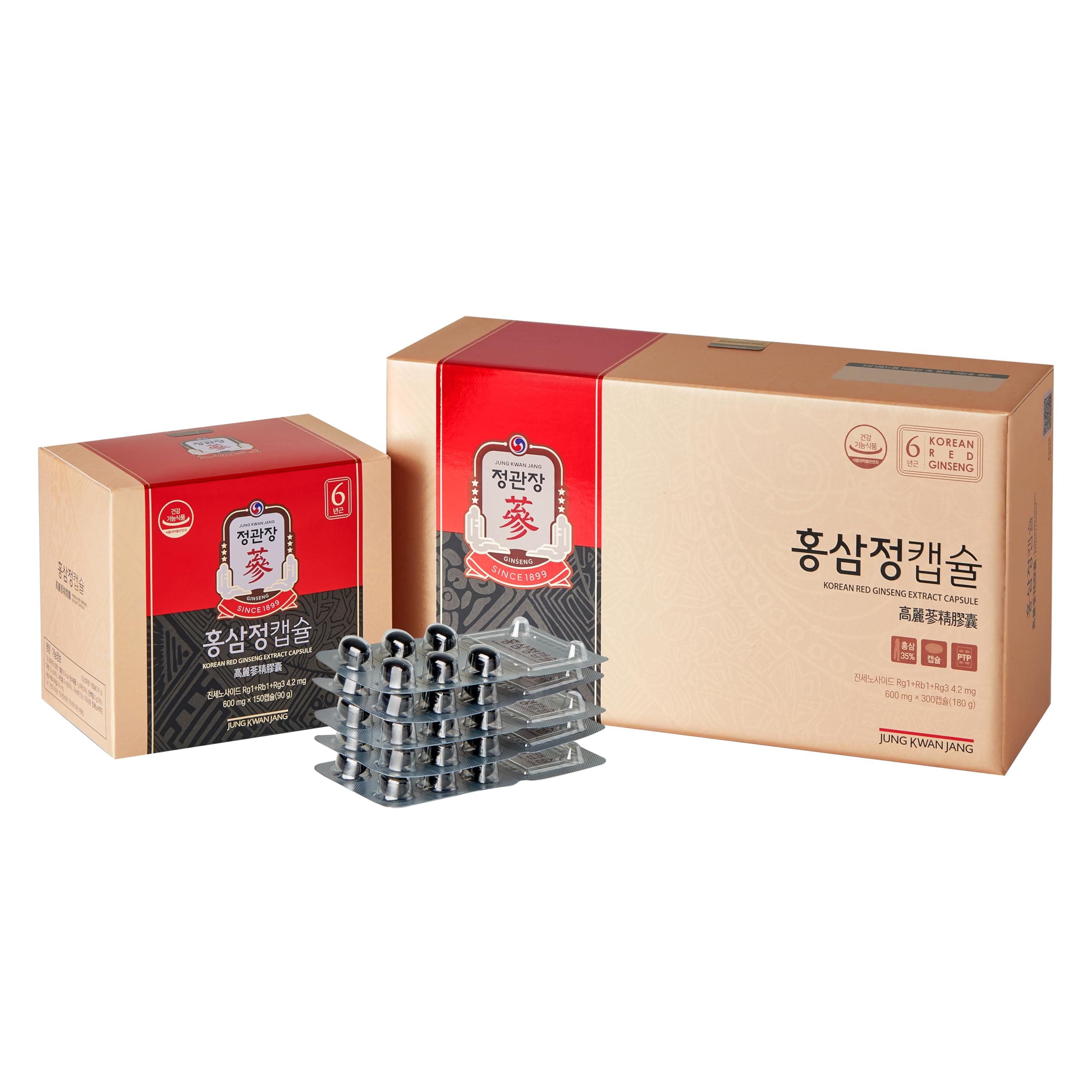 Korean Red Ginseng Extract Capsules Gold Panax Ginseng Root Powder Focus Pills for Men & Women, Natural Energy, Circulation, Immune, Brain Booster - 300 Capsules