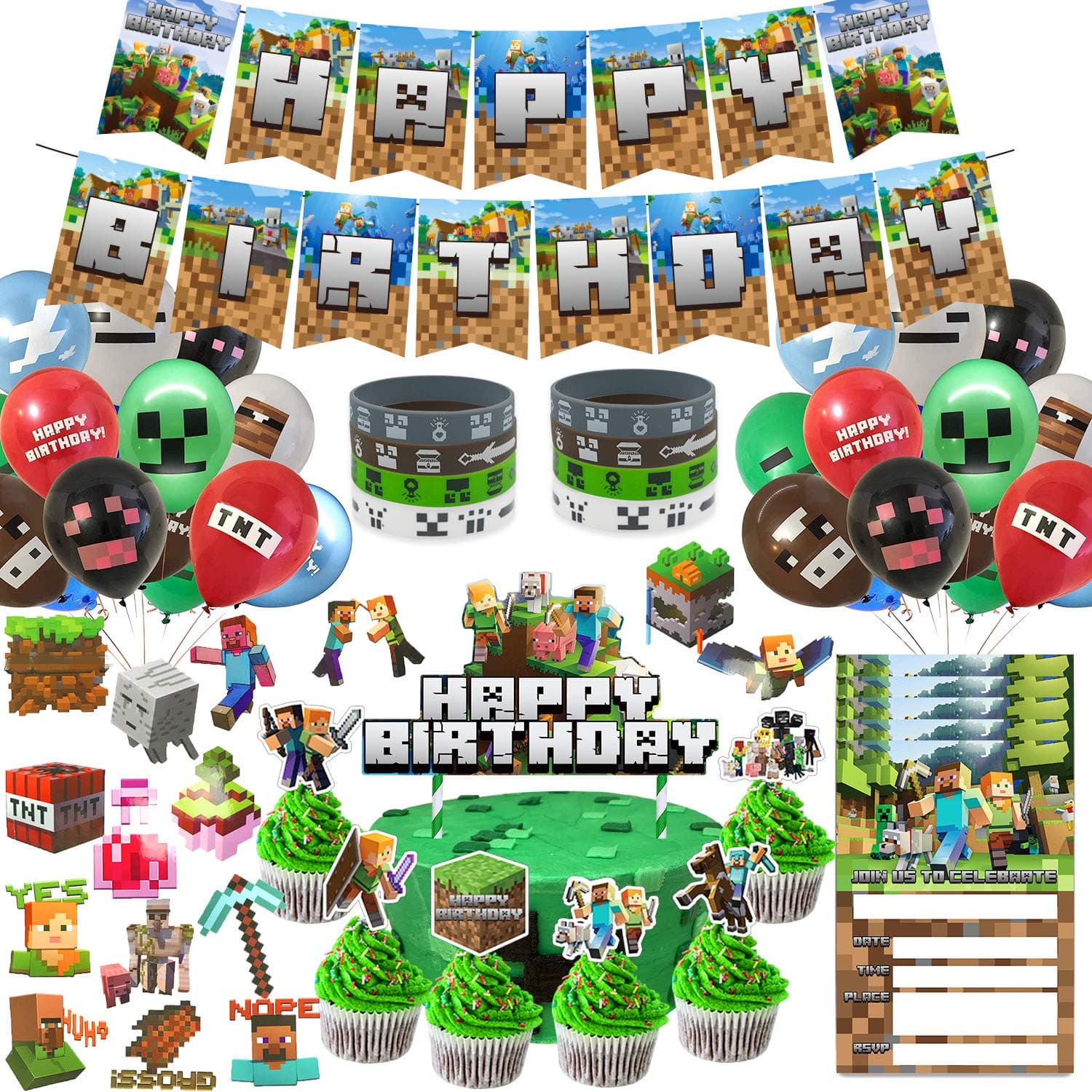 Pixel Style Gamer Birthday Party Supplies for Game Fans, 125 Pcs Birthday Party Decorations for Kids - Banner, Cake and Cupcake Toppers, Balloons, Bracelets, Invitation Cards, Gamer Sticker
