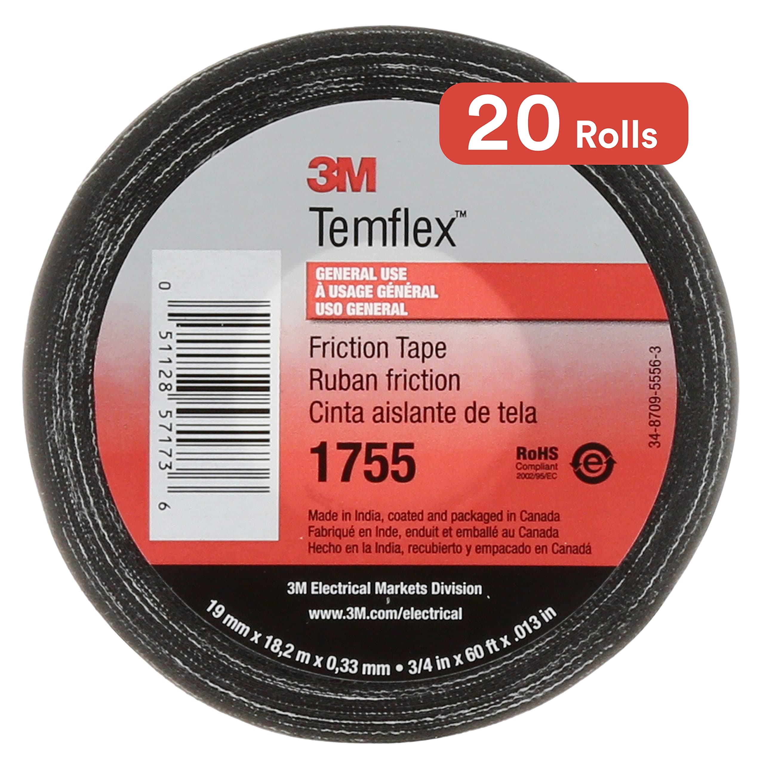 3M Electrical Markets Division Temflex Cotton Friction Tape 1755, Black, 3/4 in x 60 ft (Pack of 20)