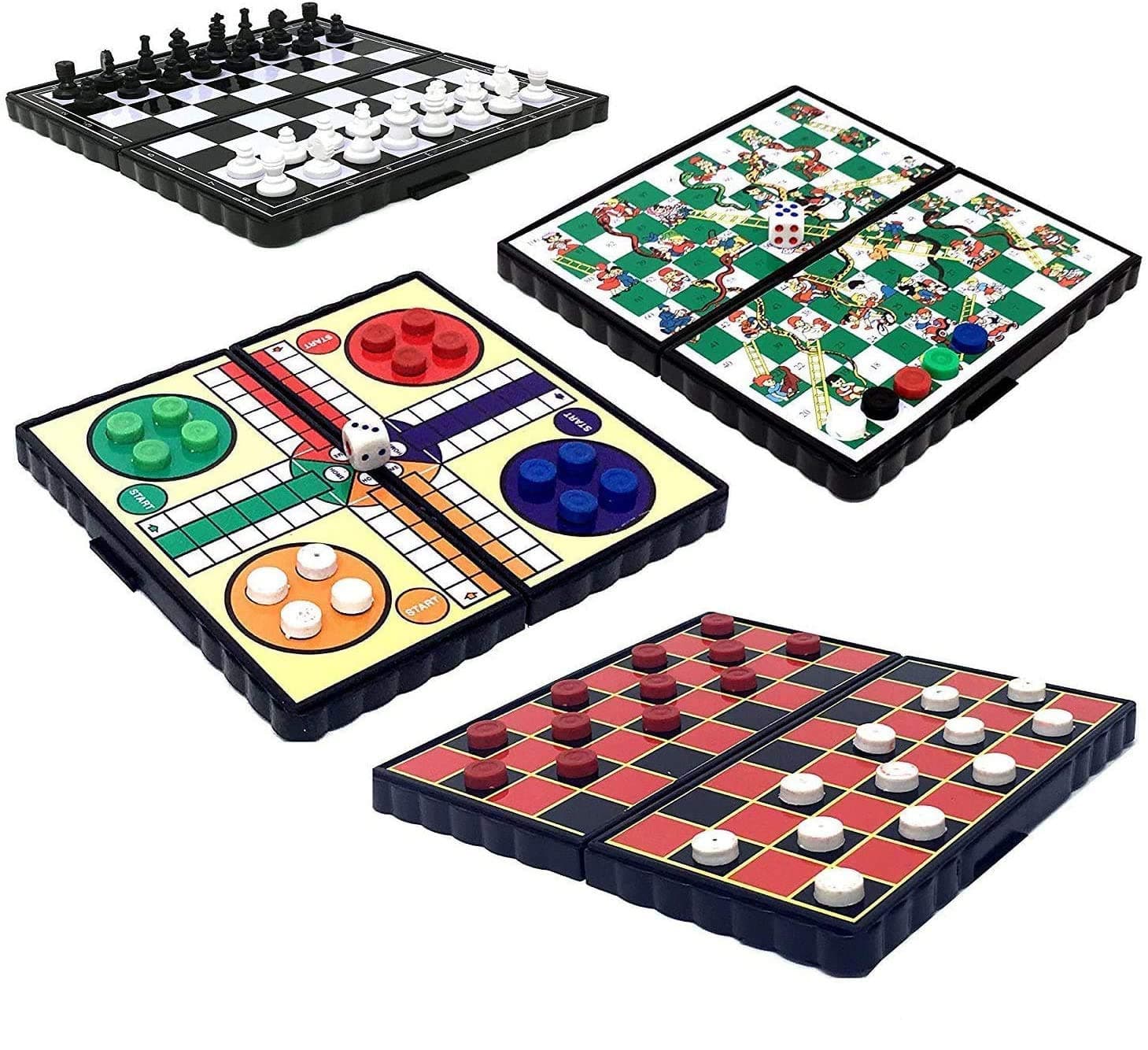 Ossian Pack of 4 Mini Magnetic Board Games – Folding Compact Chess Ludo Draughts Snakes & Ladders - Mini Classic Family Home Party Play Activity - Hours of Travel Fun for Family Friends Adults Kids