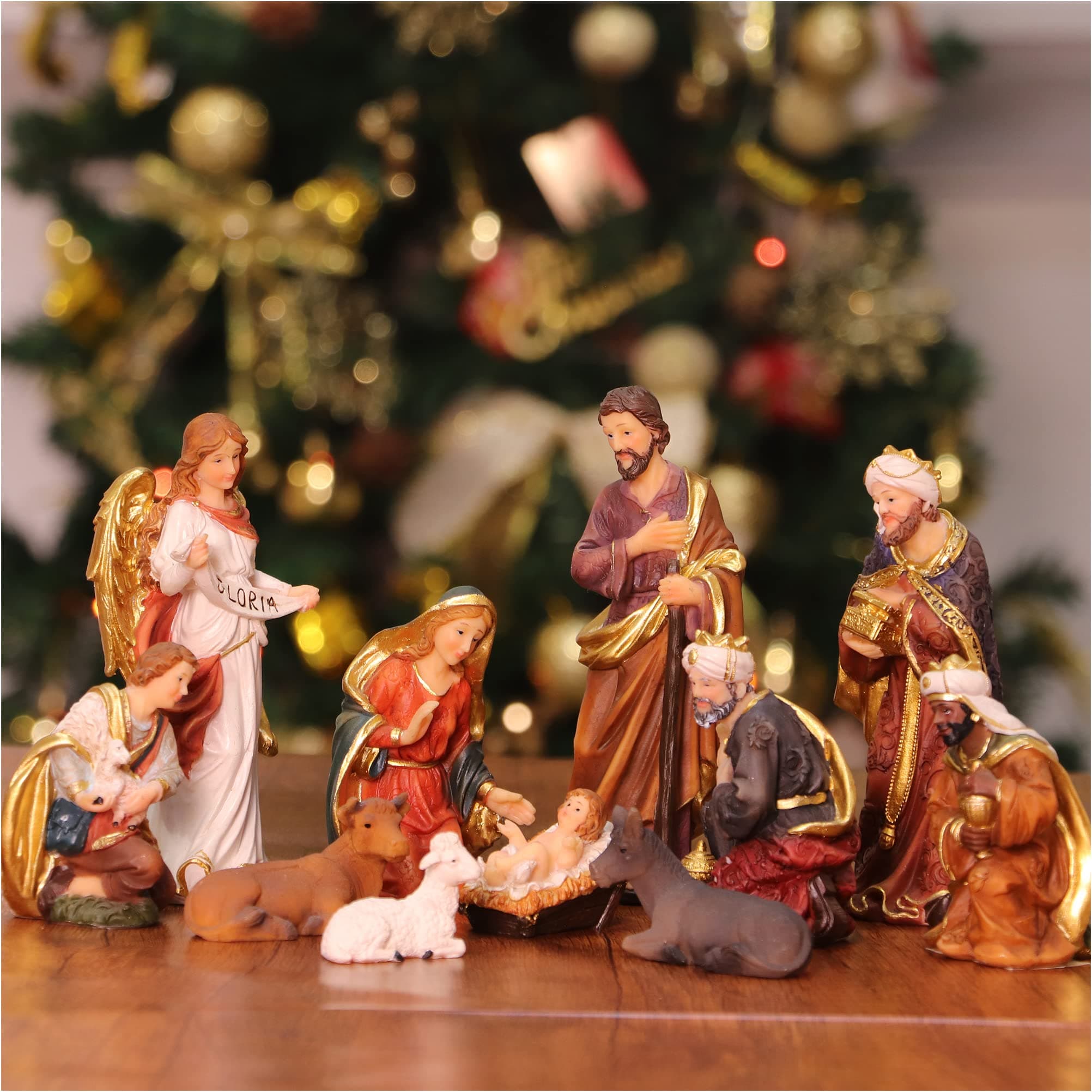 Zayton Nativity Set Christmas Indoor Figurines 11 pcs Nativity Scene Set 5.5“ Holy Family Miniatures Statue Crib Jesus Manger Ornament Church Xmas Home Decoration