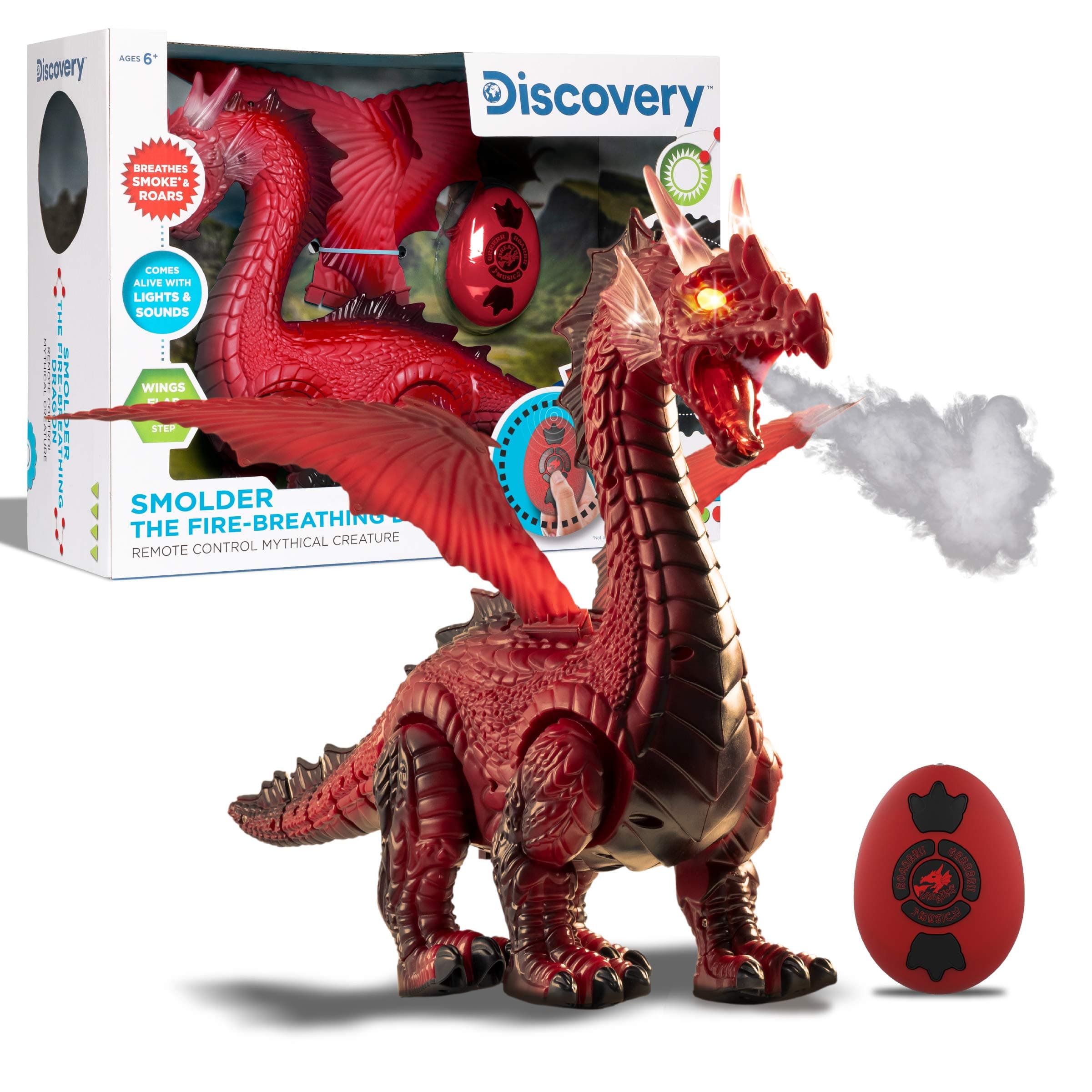 Discovery Fire-Breathing RC Dragon with Smoke Breath, Walking, Wing Flapping, Realistic Roaring Sounds| Light-Up Large Dinosaur Toy| Remote Control Robot Dino Mythical Creature| Kids Boys Gift| Age 6+