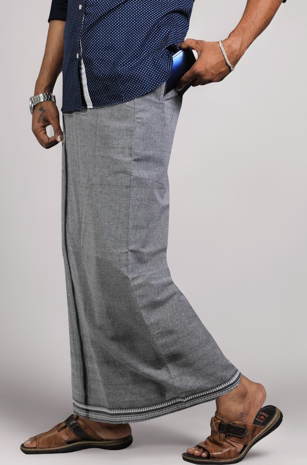 Mens Cotton Kerala Thalapathi Border Welcro Adjustable Readymade Pocket Dhoti