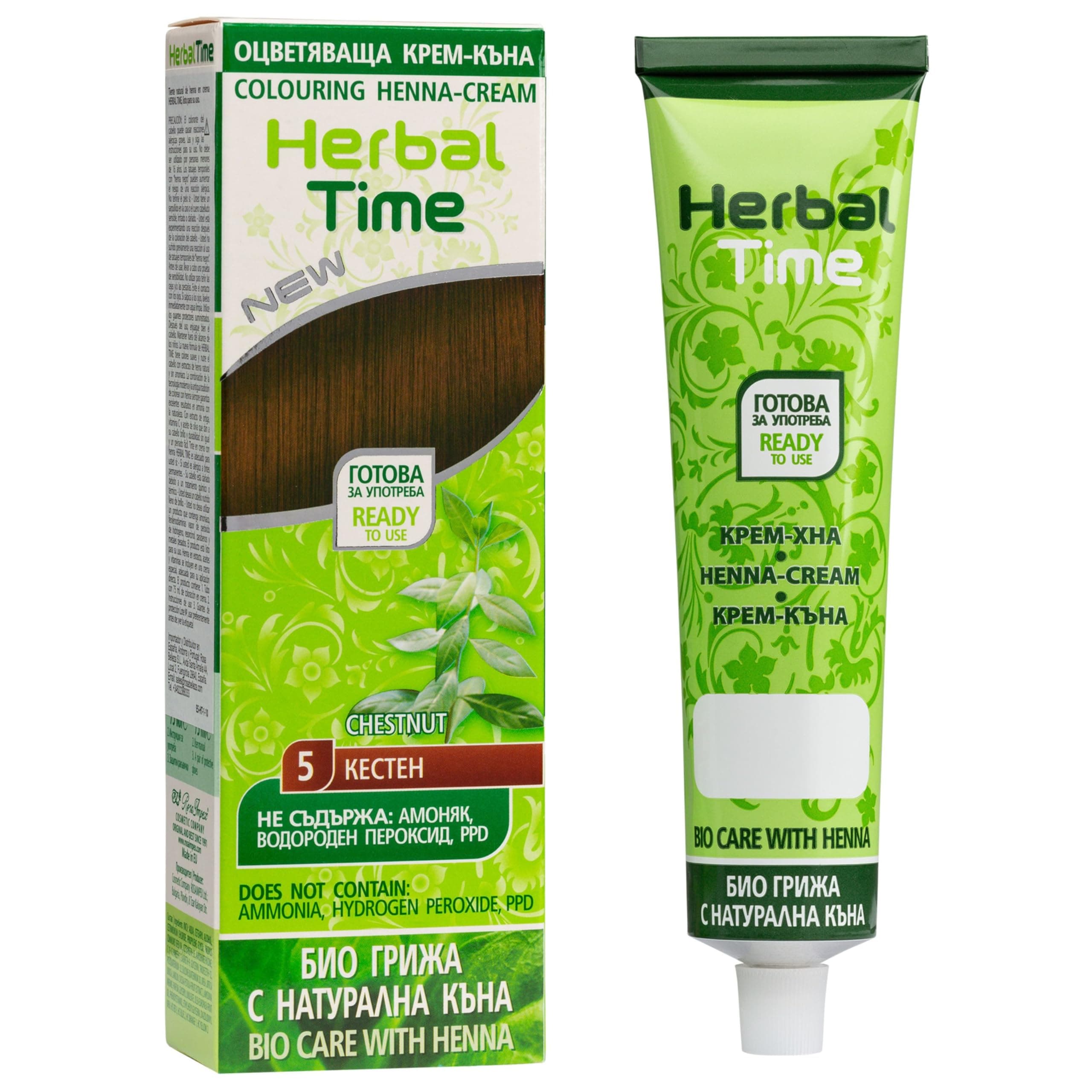 Herbal Time Henna Natural Color Chestnut Nº 5 | Coloring Cream With Nettle Extract | Gray Hair Cover | Temporary Dye | Ammonia, Sulfates, Parabens Free | 75 ml