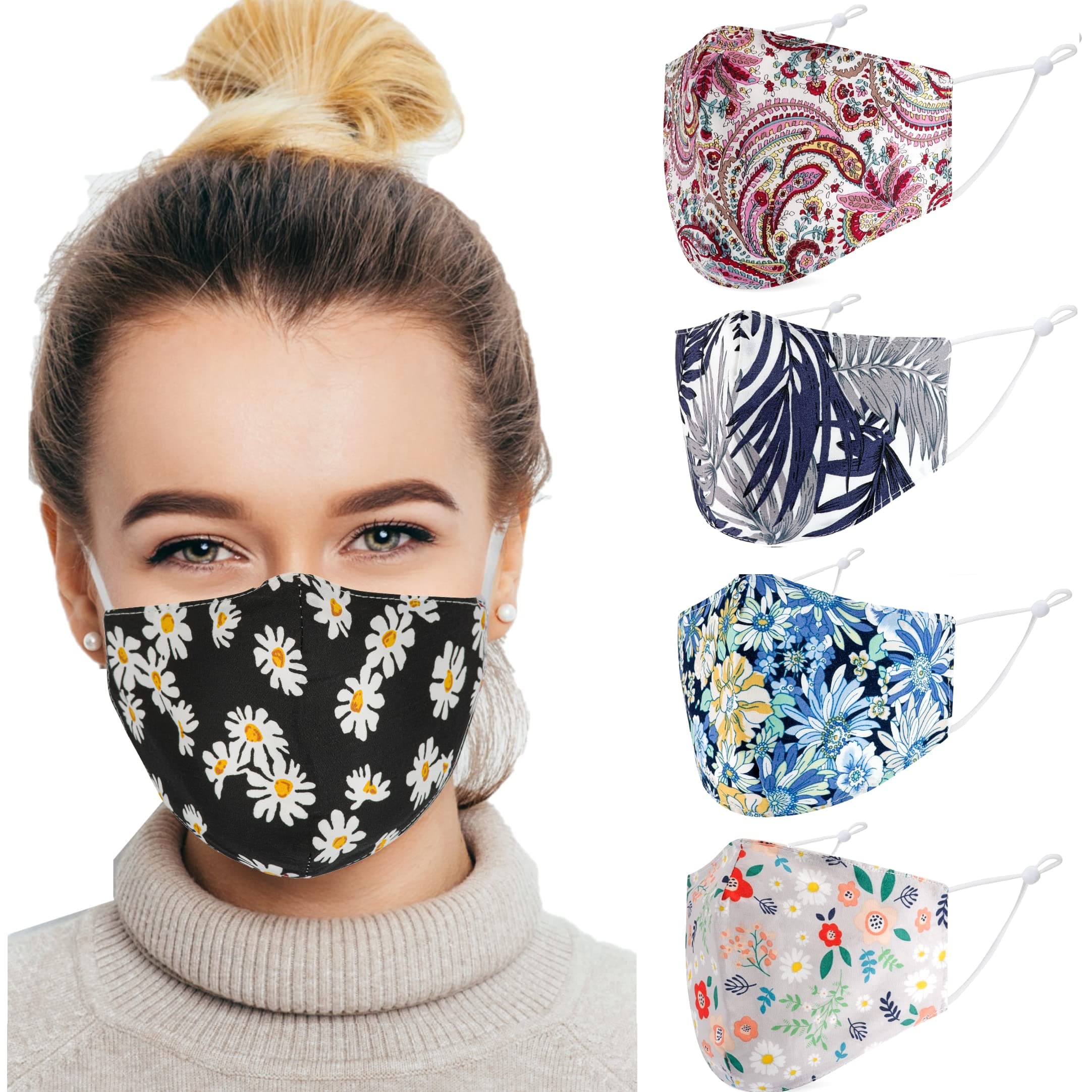5 Pack Reusable Face Masks UK | Washable, Nose Wire for Glass Wearers, 3-Ply Cotton Fabric Mask, Filter Pocket & Adjustable Straps | Pretty Facemask Coverings