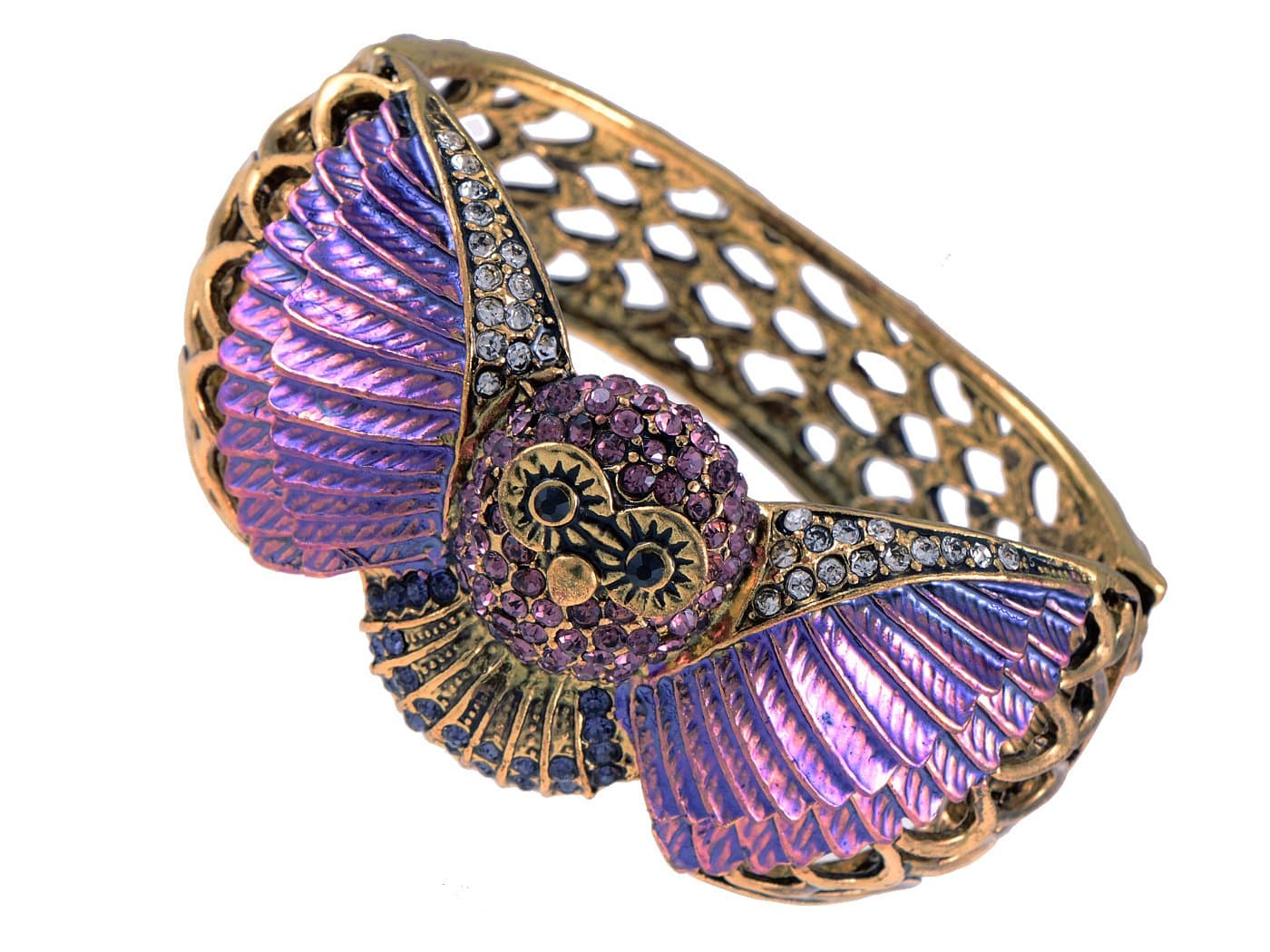 Alilang Lavendar Purple Painted Owl Bird Wing Crystal Rhinestone Bangle Cuff