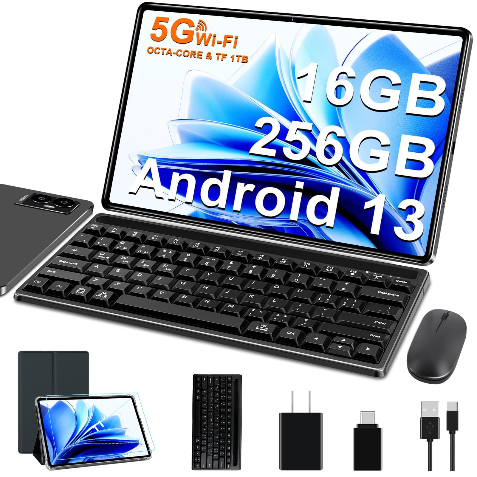 Tablet Android 11 inch Latest with 16GB+256GB+1TB Expand, 8600mAh, Support, Octa-Core 2.0 GHz, 5G WiFi, Dual Camera, Bluetooth 5.0, HD Screen Tablet with Keyboard and Mouse - Grey