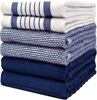 Bumble Towels Premium 20"x 28" Large Cotton Kitchen Hand Towels - 6 Pack | Flat & Terry Dish Towels | Highly Absorbent Tea Towels With Hanging Loop | Navy Blue Striped