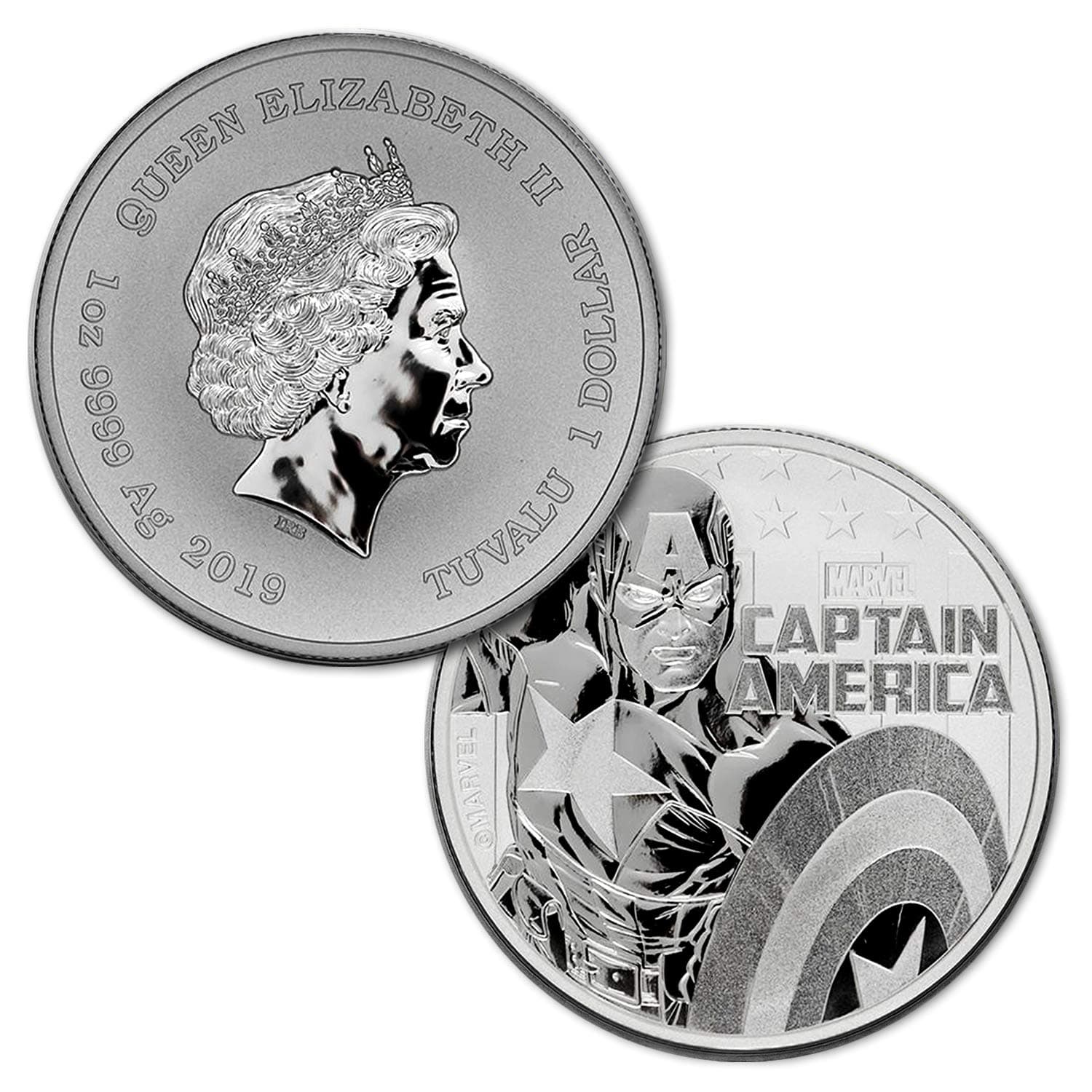 Tuvalu 2019 $1 Marvel Series Captain America Silver Coin - Brilliant Uncirculated Condition Bullion