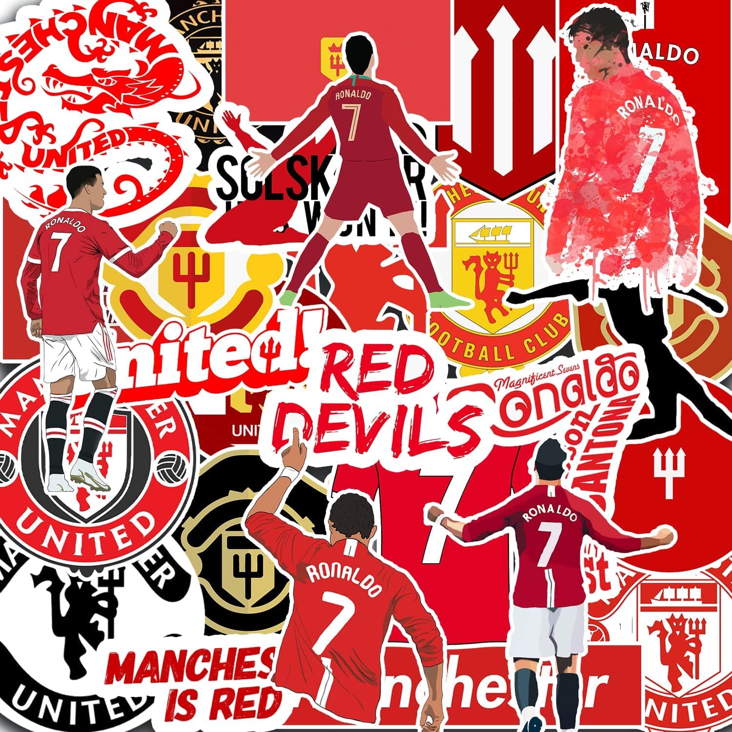 31 PCS FC Manchester United Sticker Soccer Cristiano Ronaldo Stickers Red Devil Decal Man Vinyl for Car Water Bottle Laptop Phone