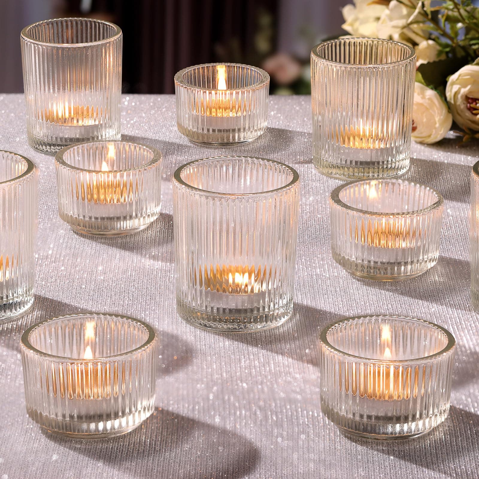 20pcs Assorted Ribbed Clear Votive & Tea Light Candle Holders, Glass Candle Holder for Table Centerpiece, Wedding, Baby Shower, Home and Party Decorations