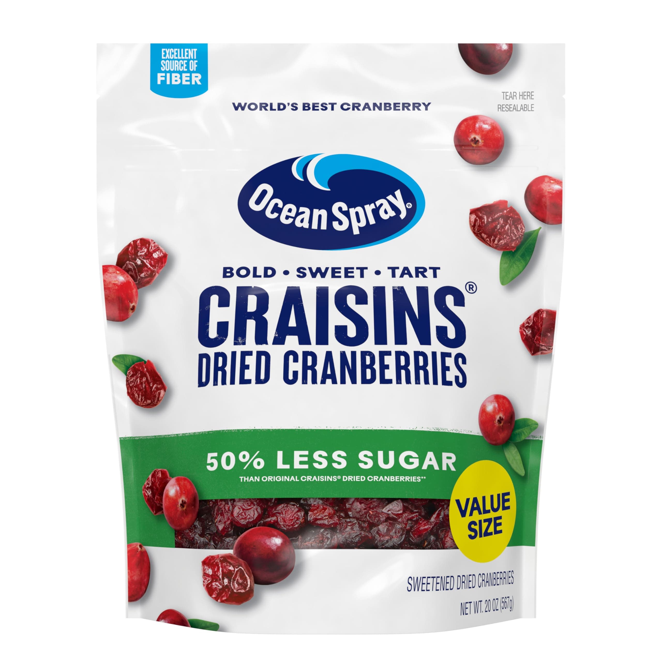 Ocean Spray® Craisins®, 50% Less Sugar Dried Cranberries, Dried Fruit, 20 Oz Pouch