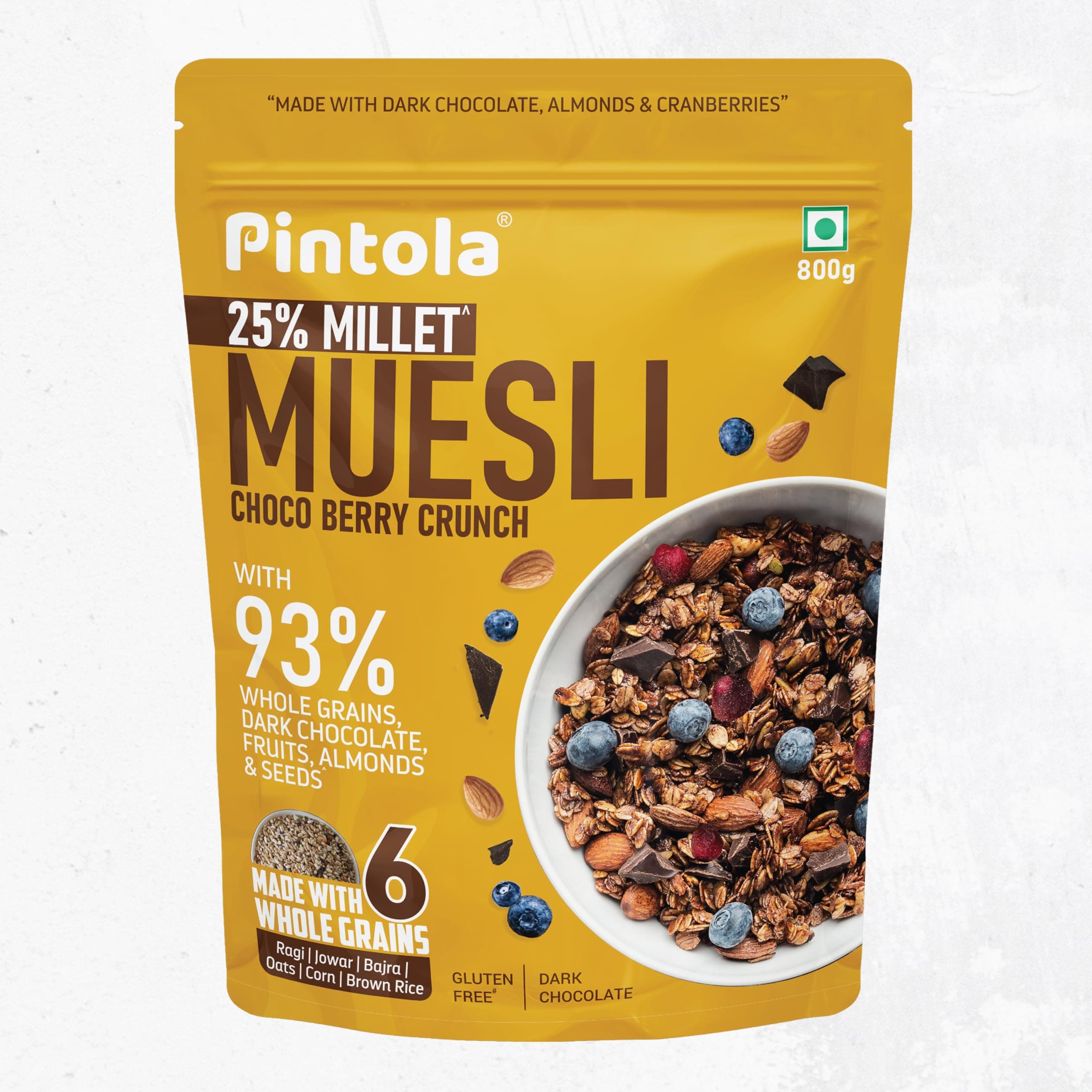 Pintola Dark Chocolate & Cranberry Muesli with 25% Millet & 60% Wholegrains (800g), Healthy breakfast cereal with 6 varied Nuts & seeds, No Preservatives, High in Fibre & Protein, Cholesterol Free