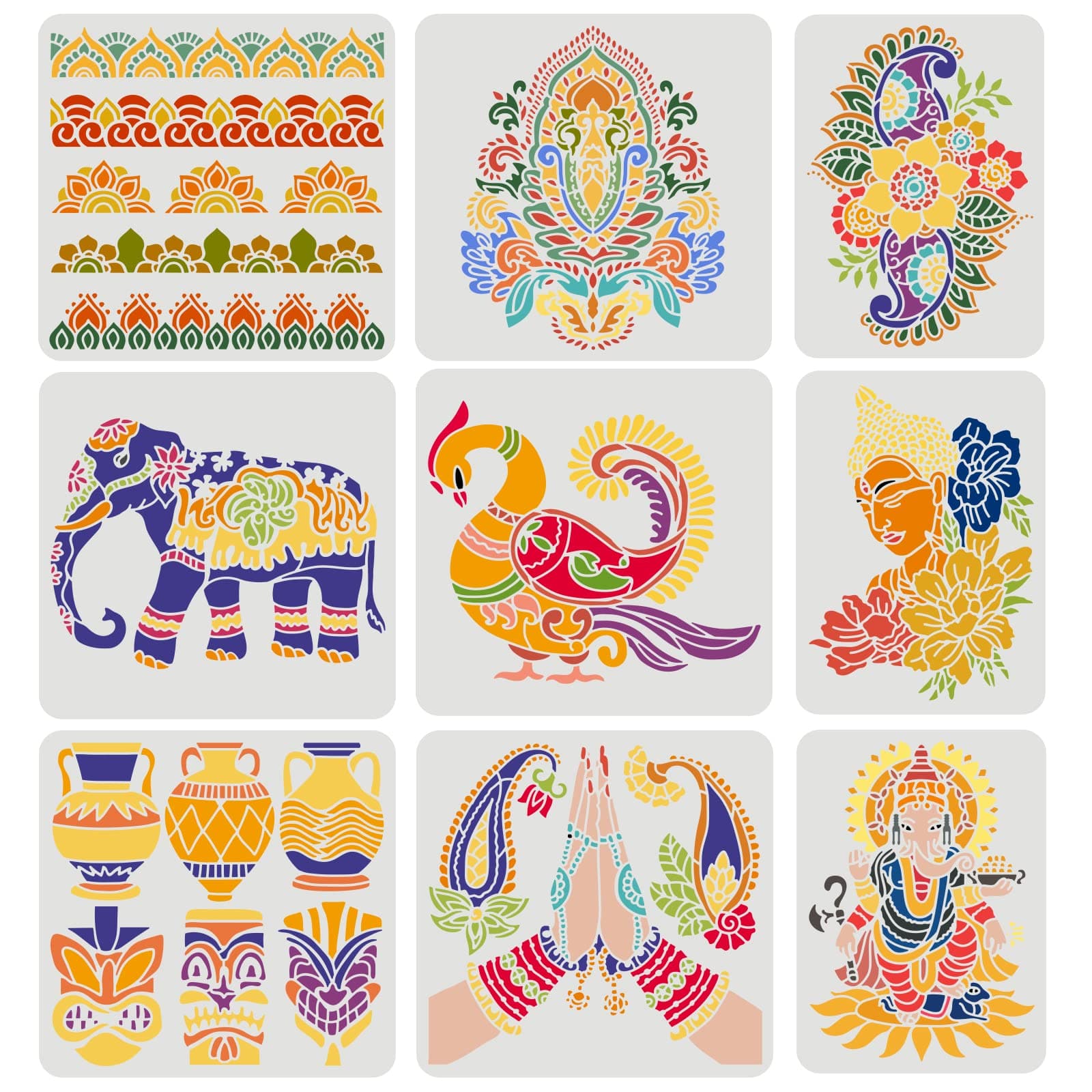 FINGERINSPIRE 9PCS Indian Theme Stencil 2 Size Elephant God Buddha Vase Flowers Peacock Stencils DIY Henna Buddha Stencil Reusable Plastic Stencils for Painting on Wood, Wall, Floor, Fabric, Canvas