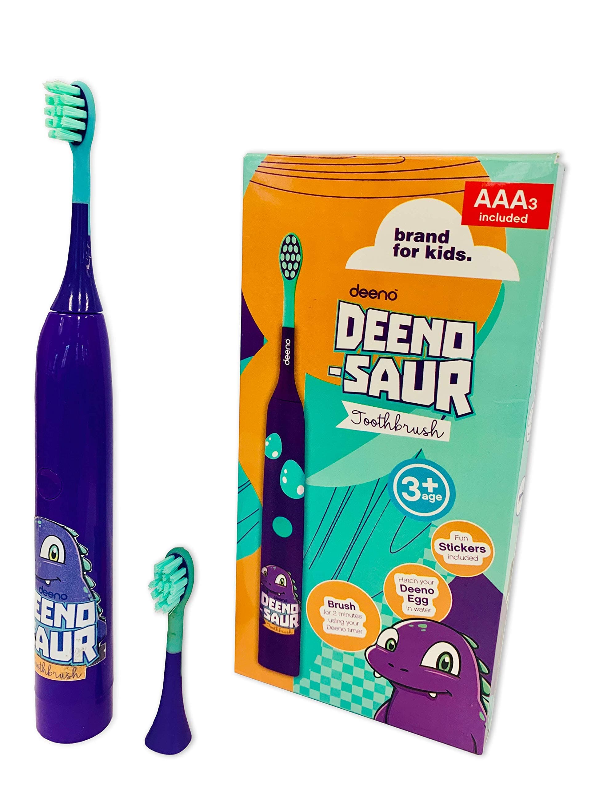 Deeno DEENO-Saur Electric Toothbrush Powered by AAA Batteries Included | Purple Colour | Suitable for Ages 3+ Years | 3 Brushing Modes | Free Sticker Sheet & Deeno Toy | This is Not a Bluetooth Brush