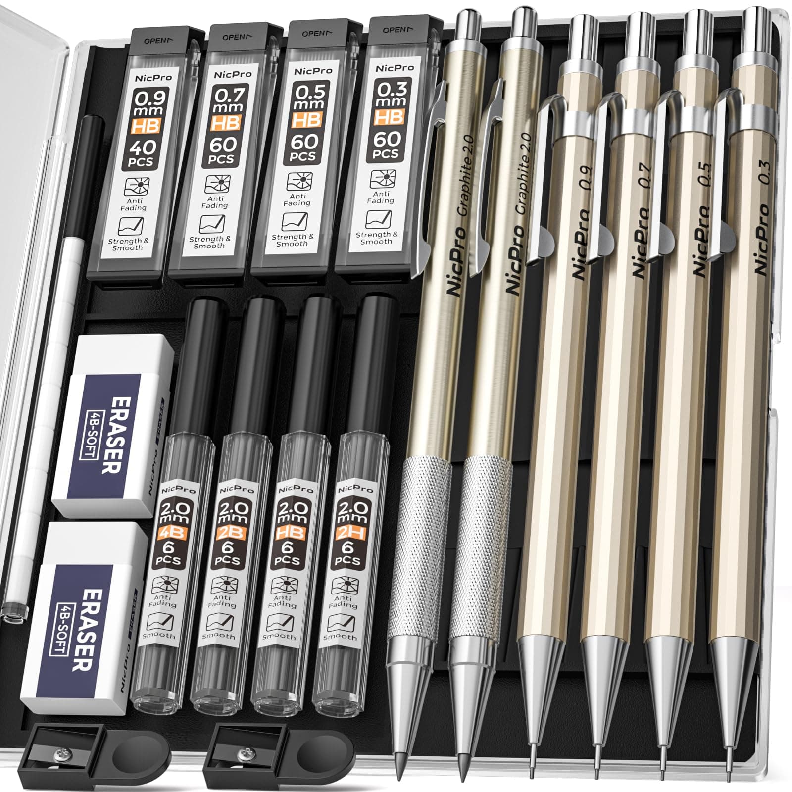 Nicpro 6 PCS Art Mechanical Pencils Set Metal, Artist Drafting Pencil 0.3 & 0.5 & 0.7 & 0.9 mm and 2mm Lead Holder(4B 2B HB 2H) For Art Writing, Sketching Drawing,With Lead Refills Erasers Storage Box