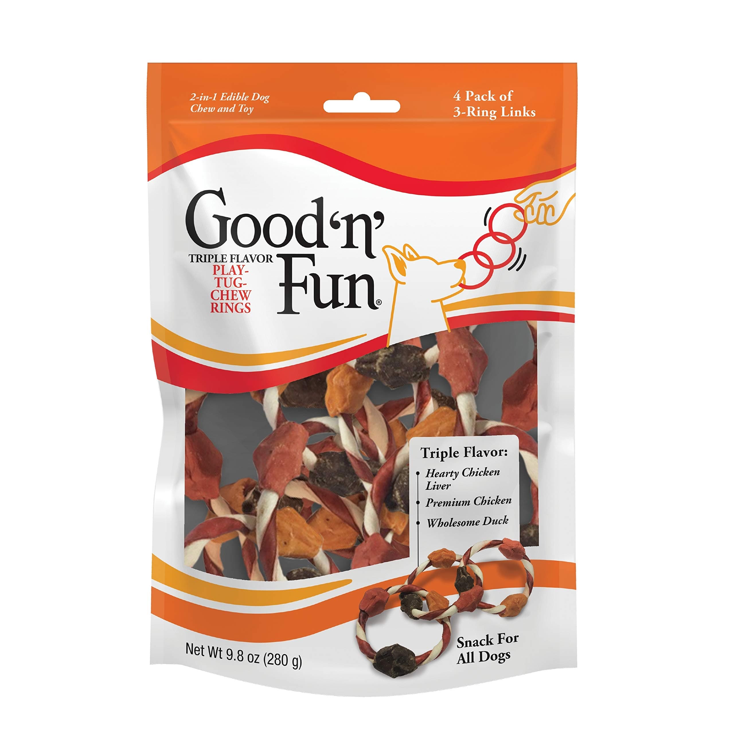 Good ’n’ Fun Triple Flavor Play-Tug-Chew Rings 4 Count, Snack For All Dogs