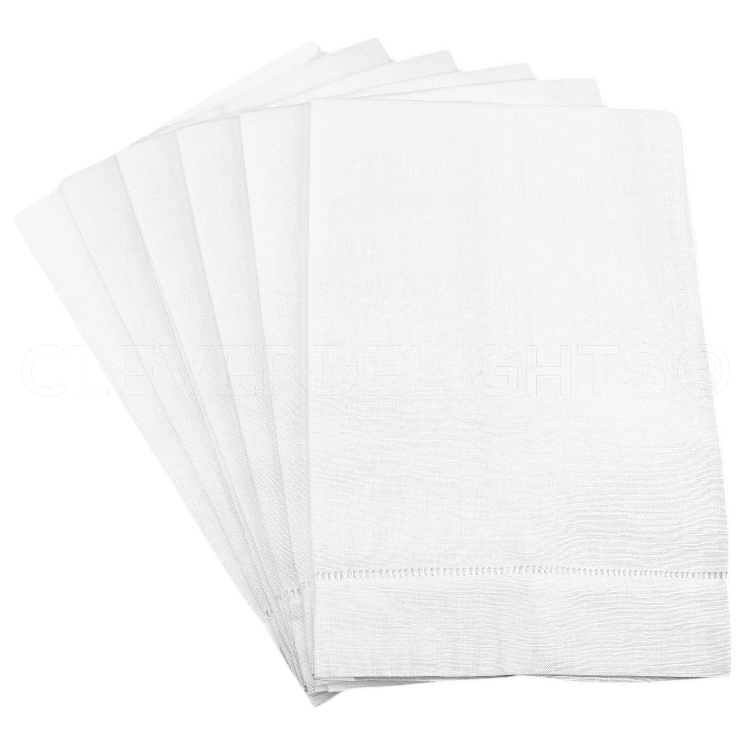 CleverDelights White Linen Hemstitched Hand Towels - 6 Pack - 14" x 22" - Fingertip Towel