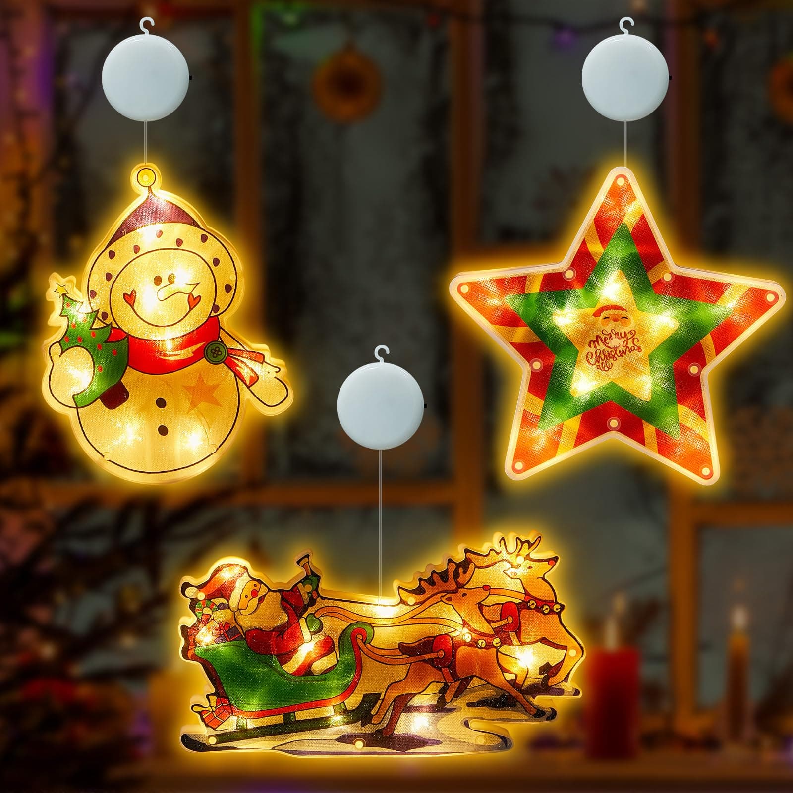 Honoson 3 Pcs Christmas Window Decoration Lights Christmas Silhouette Window Hanging Ornament with 6 Suction Cup Hook Battery Operated Star Santa in Sleigh Snowman Lights Decor for Outdoor Indoor