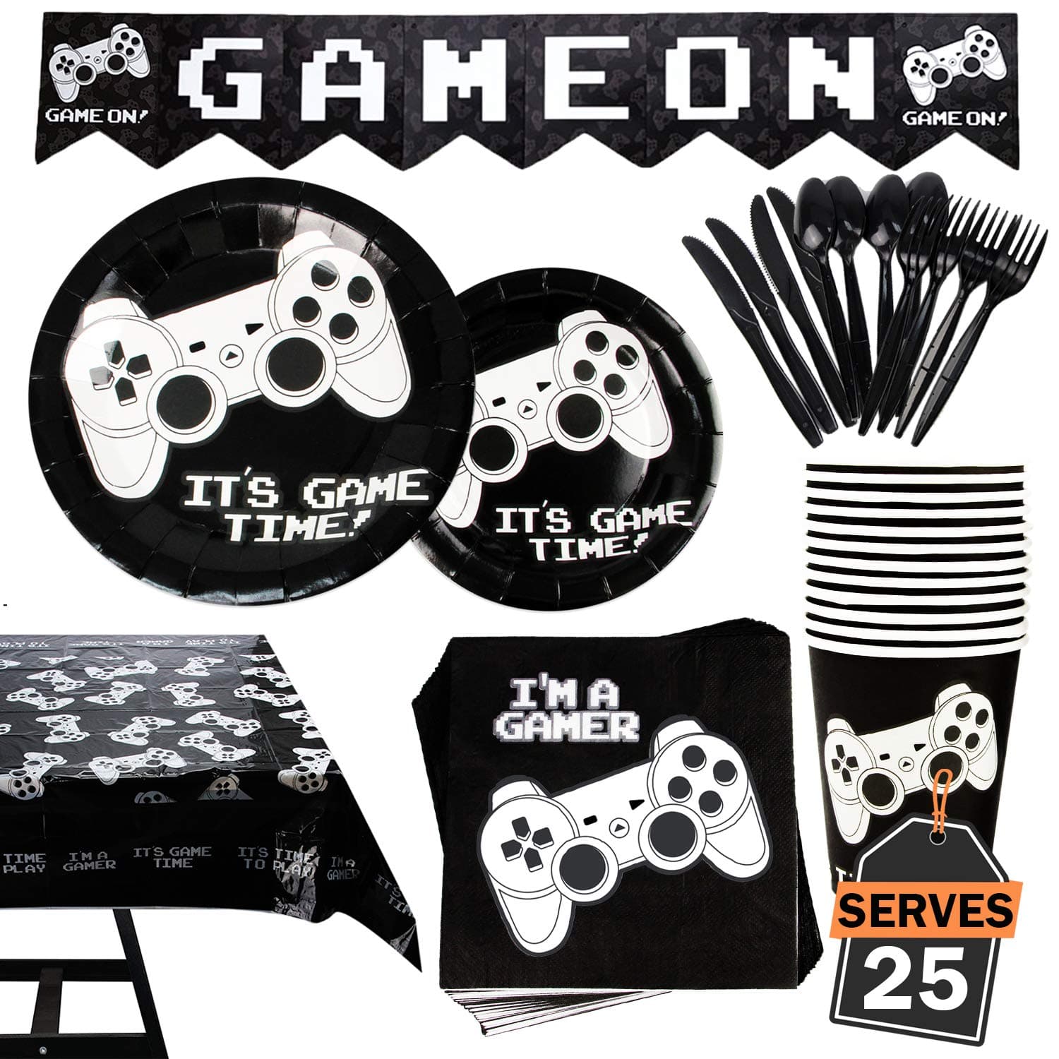 Kompanion 177 Piece Gaming Party Set Design 2 Including Banner, Plates, Cups, Napkins, Tablecloth, Spoon, Forks, and Knives, Serves 25